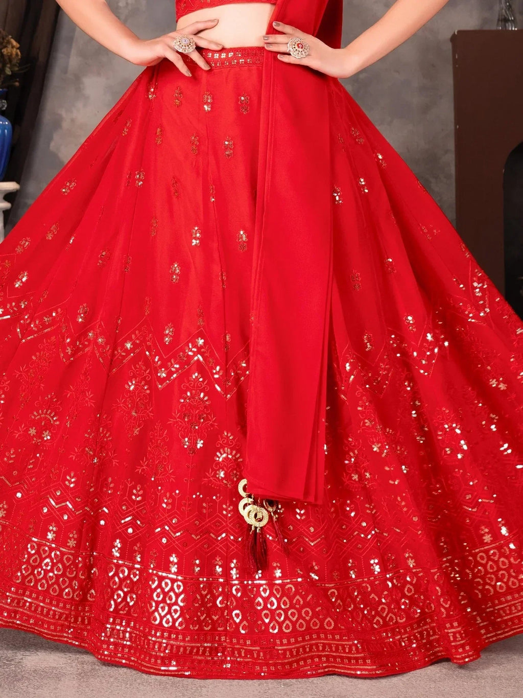 Amazing Red Thread Work Georgette Designer Lehenga Choli