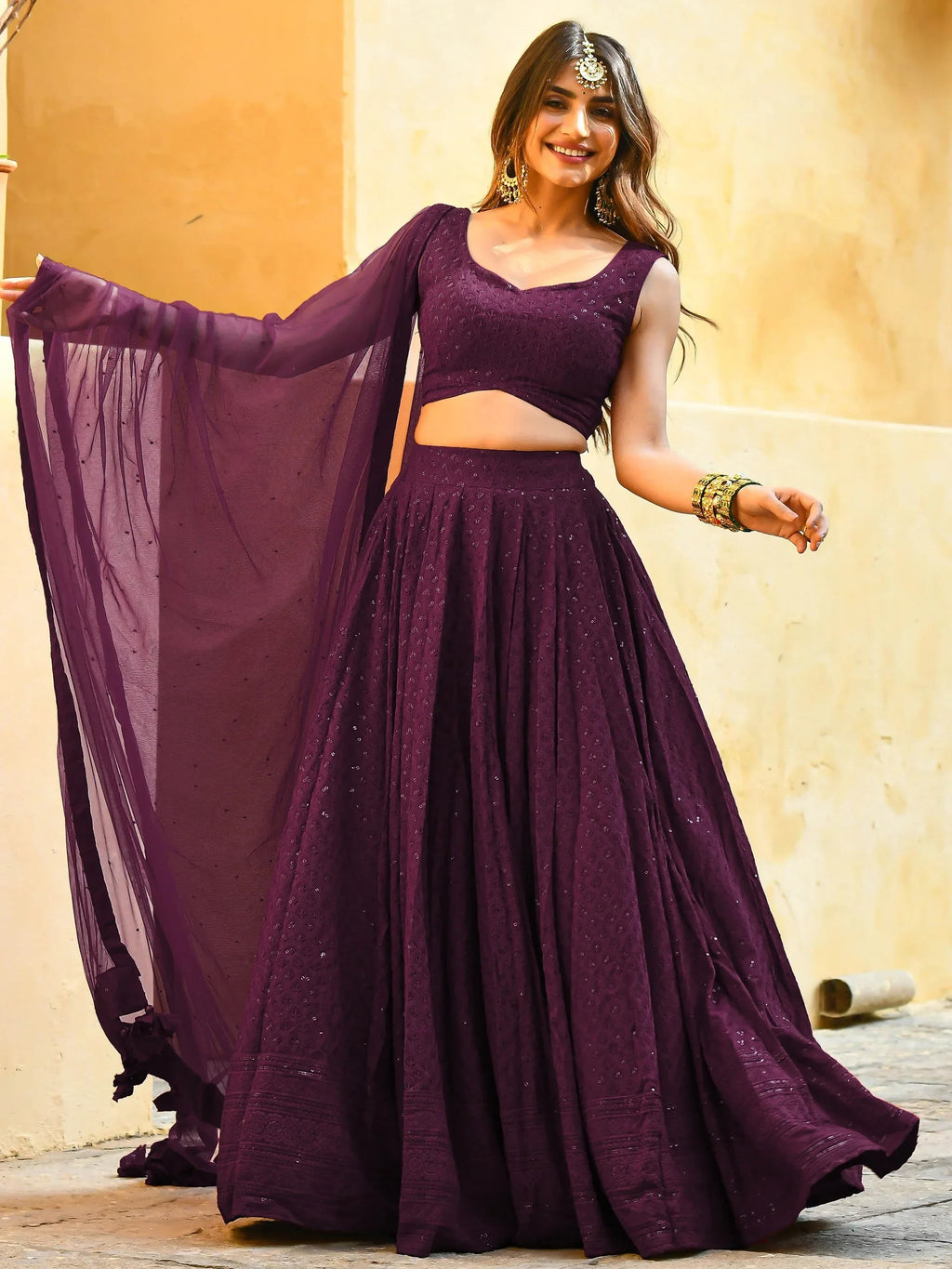 Wine Sweet Sequins Georgette Reception Wear Lehenga Choli