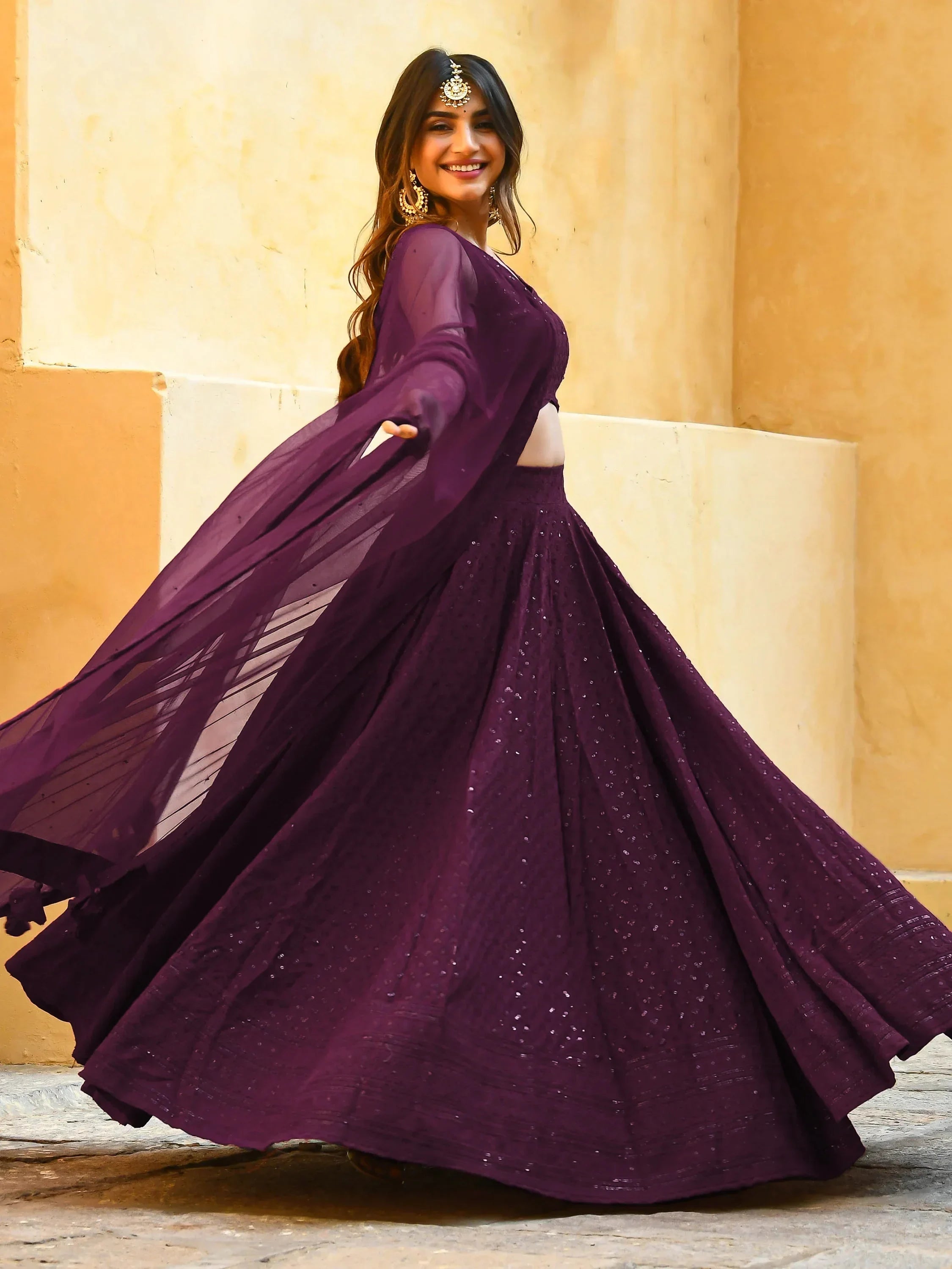 Wine Sweet Sequins Georgette Reception Wear Lehenga Choli