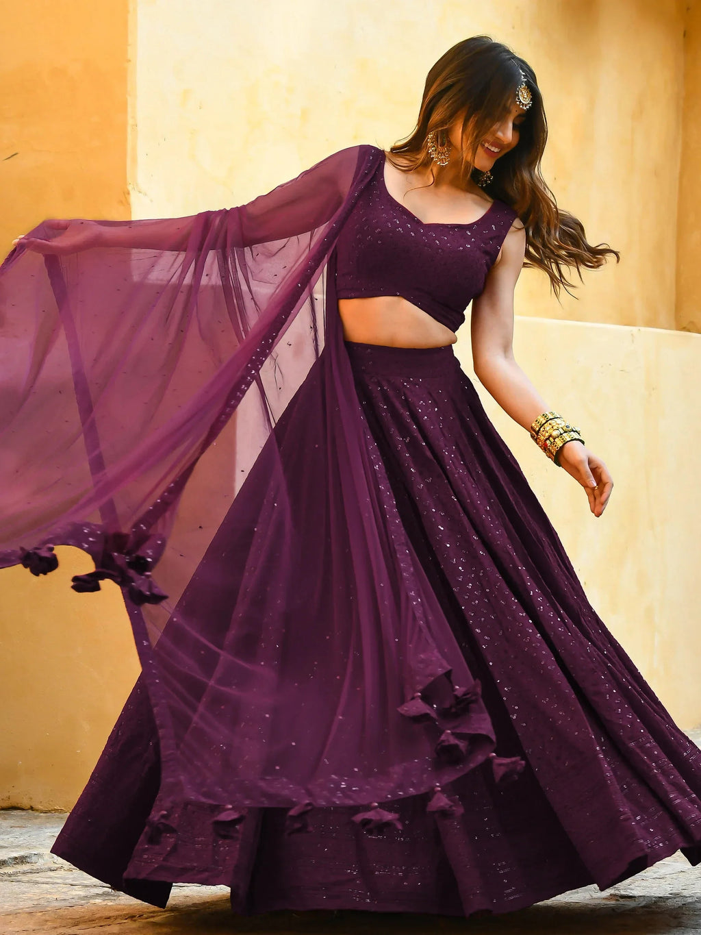 Wine Sweet Sequins Georgette Reception Wear Lehenga Choli