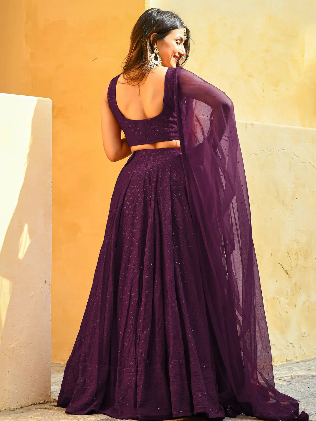 Wine Sweet Sequins Georgette Reception Wear Lehenga Choli