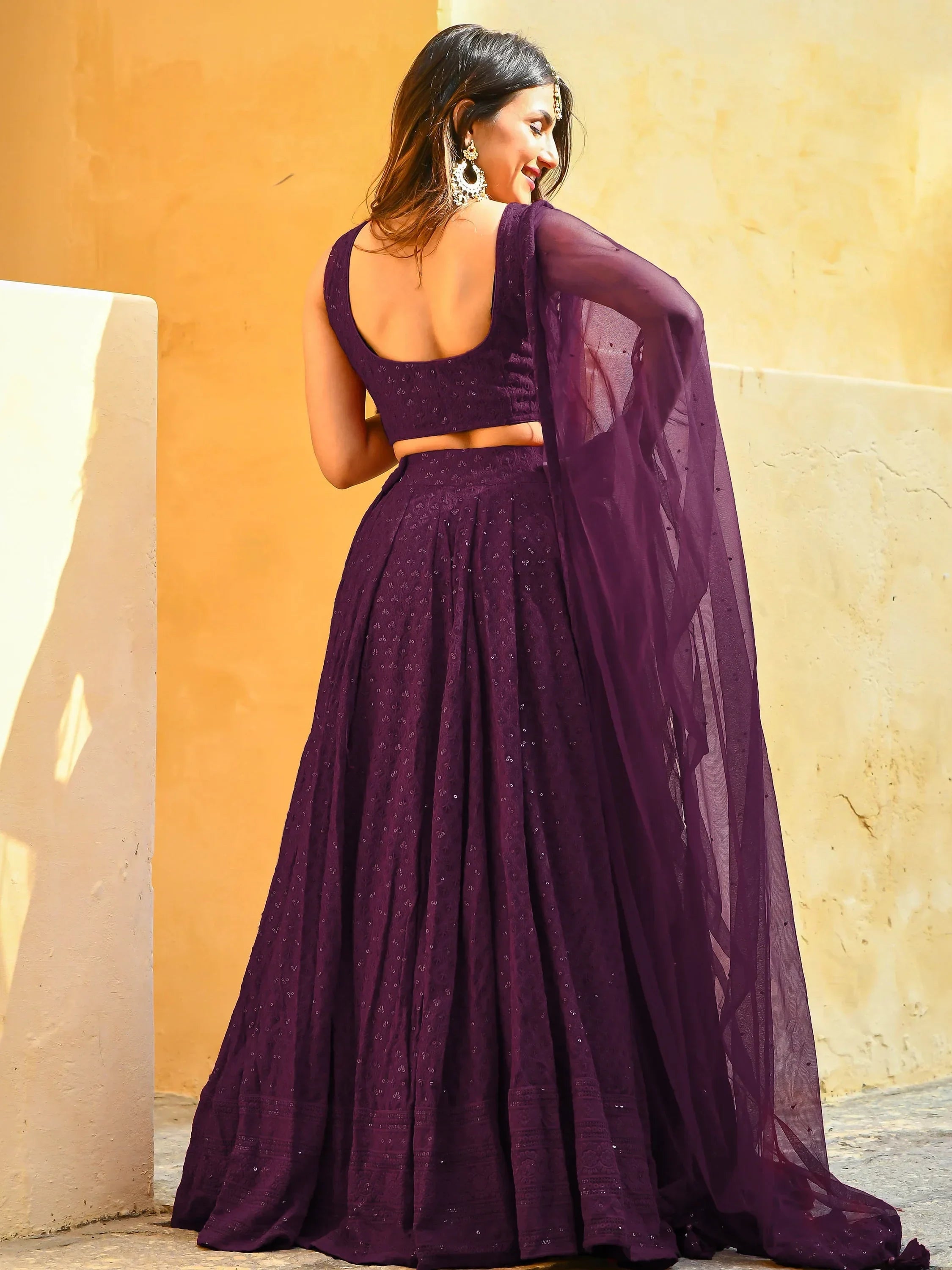 Wine Sweet Sequins Georgette Reception Wear Lehenga Choli