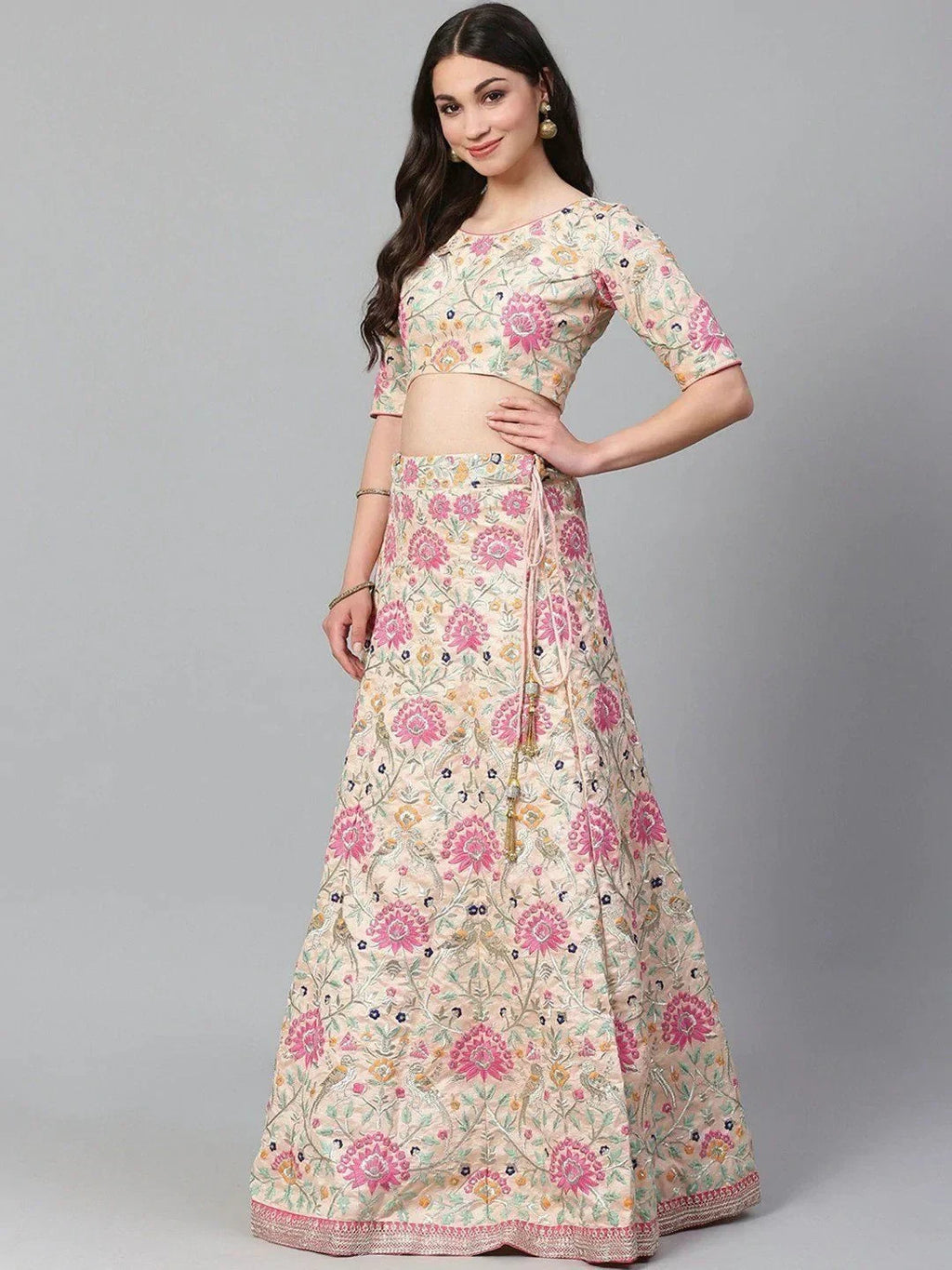 Peach-Coloured & Pink Embroidered Semi-Stitched Myntra Lehenga & Unstitched Blouse with Dupatta