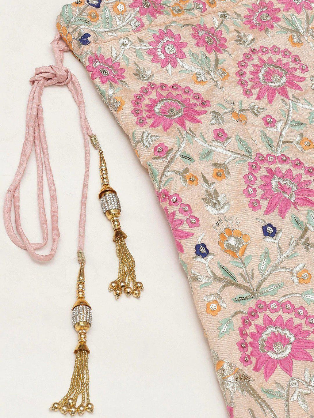 Peach-Coloured & Pink Embroidered Semi-Stitched Myntra Lehenga & Unstitched Blouse with Dupatta