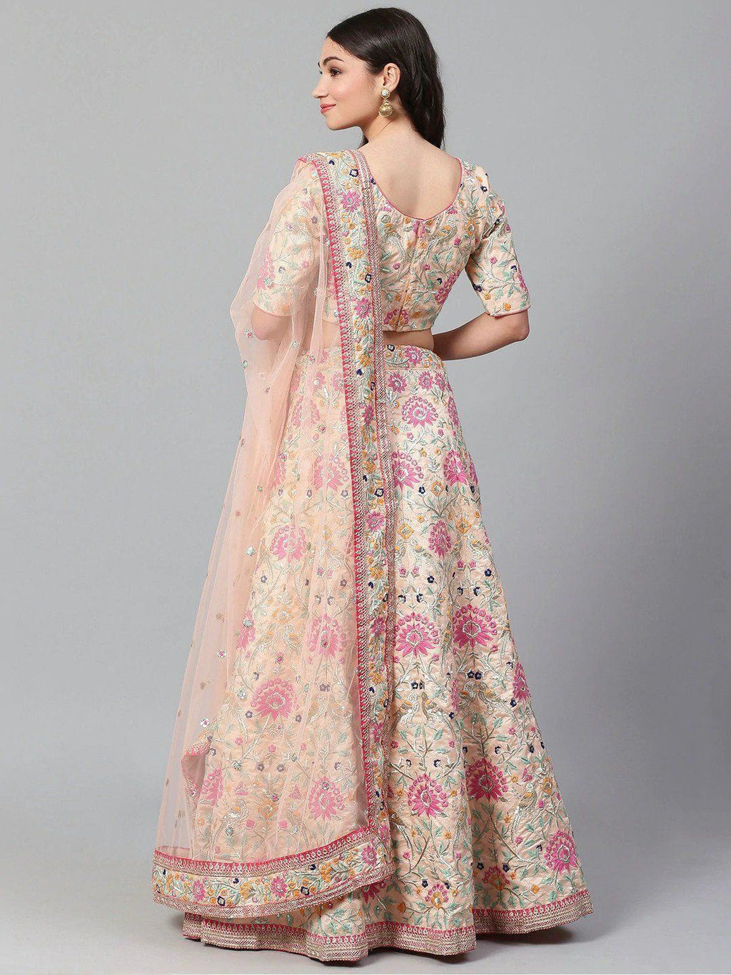 Peach-Coloured & Pink Embroidered Semi-Stitched Myntra Lehenga & Unstitched Blouse with Dupatta
