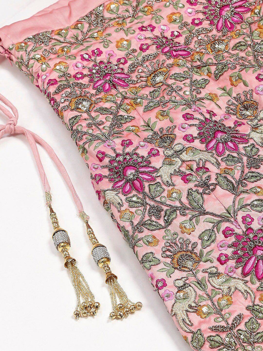 Peach & Golden Semi-Stitched Myntra Bridal Lehenga & Unstitched Blouse with Dupatta