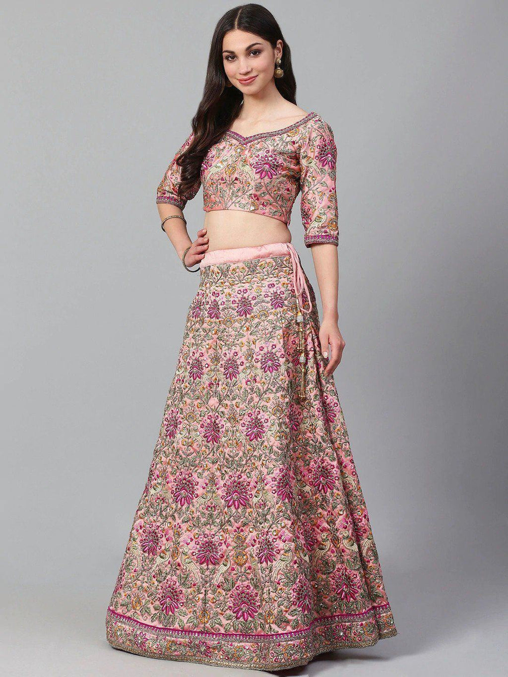 Peach & Golden Semi-Stitched Myntra Bridal Lehenga & Unstitched Blouse with Dupatta