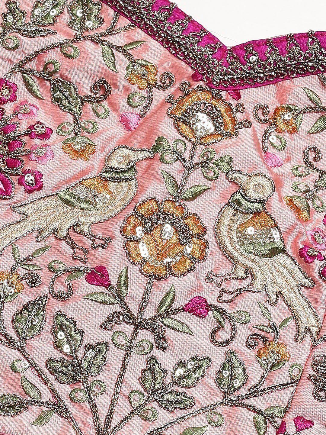 Peach & Golden Semi-Stitched Myntra Bridal Lehenga & Unstitched Blouse with Dupatta
