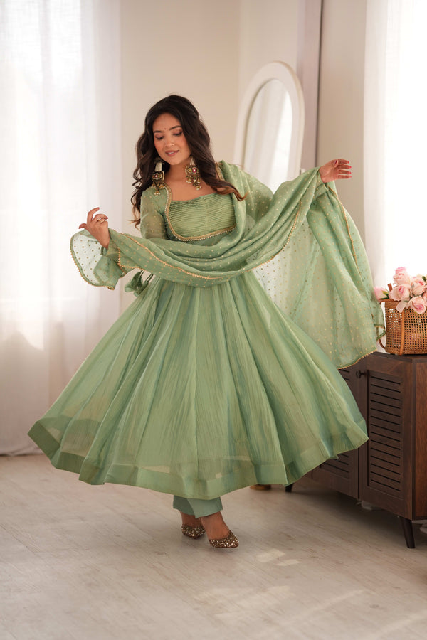 Aqua Green Pleated Salsa Silk Anarkali Gown with Pant and Dupatta