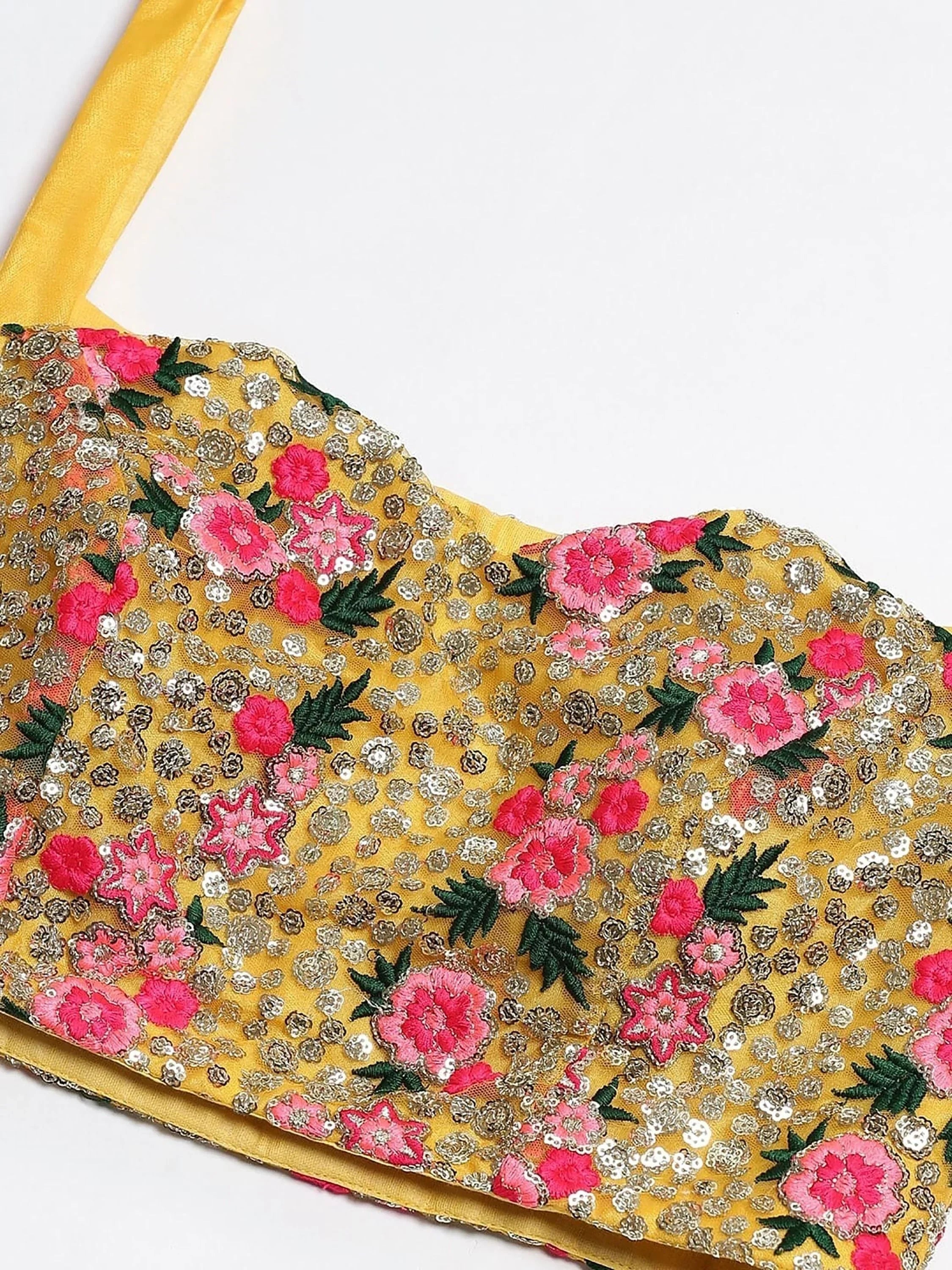 Mustard & Embroidered Semi-Stitched Myntra Lehenga & Unstitched Blouse with Dupatta
