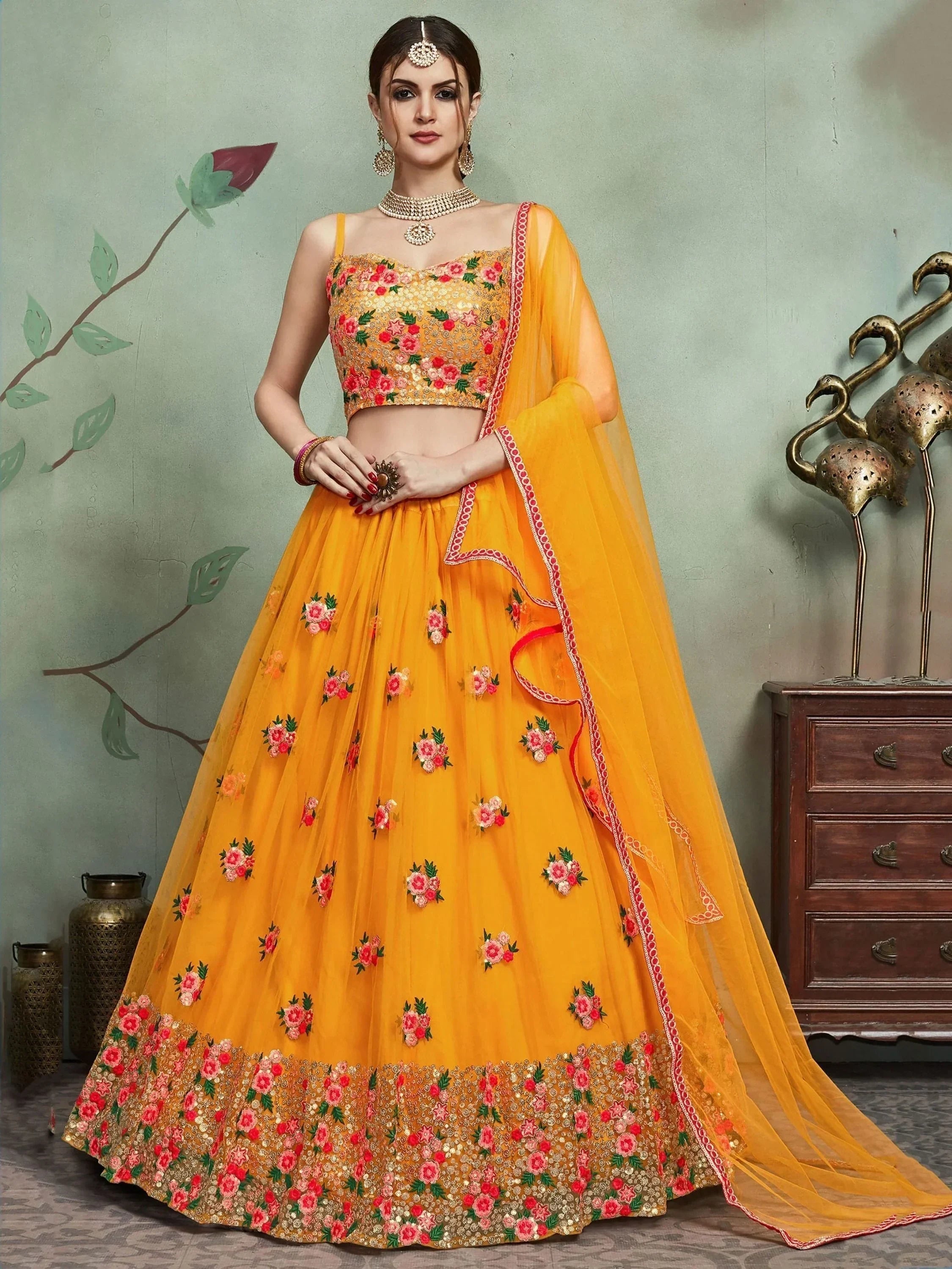 Mustard & Embroidered Semi-Stitched Myntra Lehenga & Unstitched Blouse with Dupatta