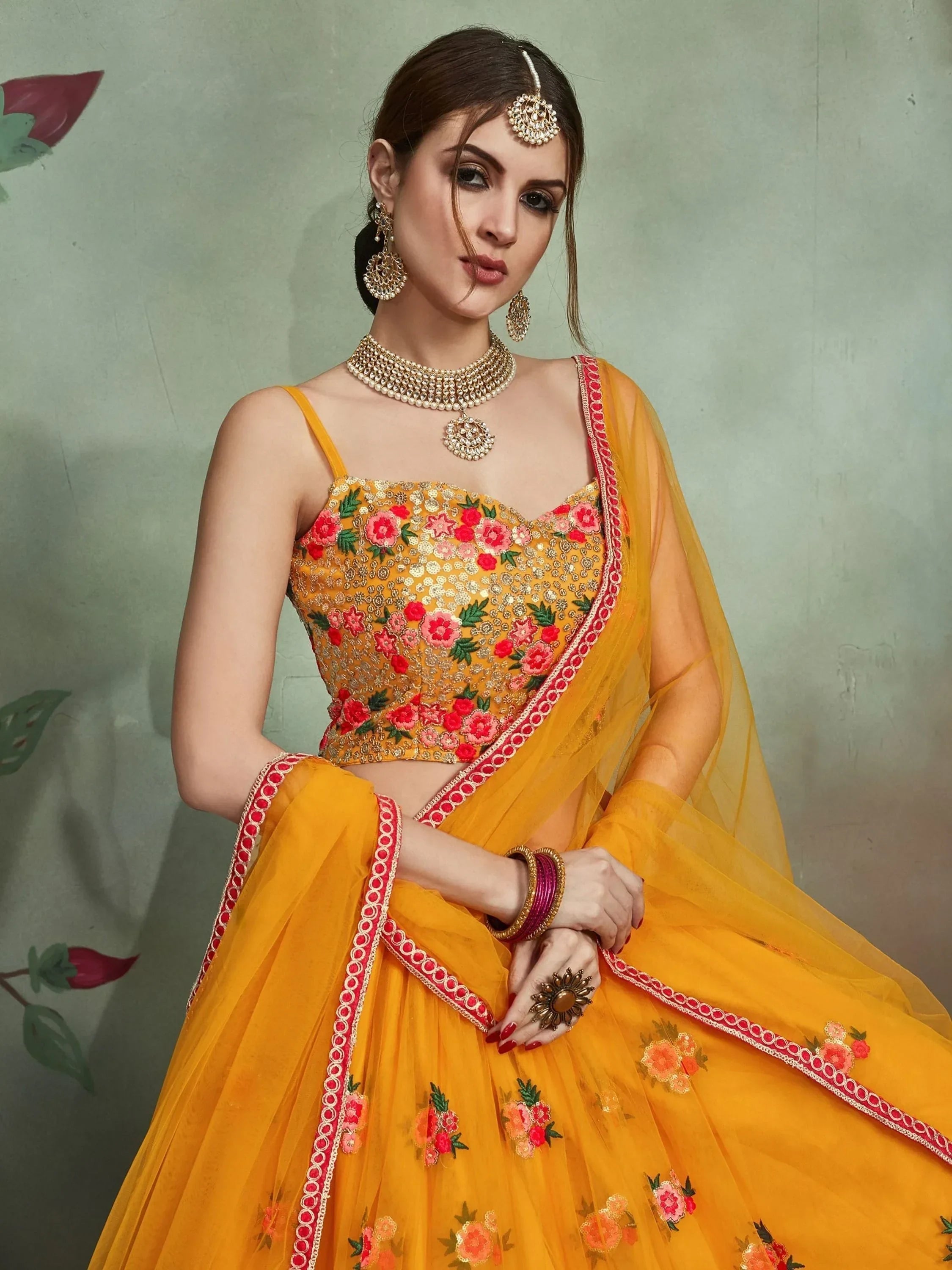 Mustard & Embroidered Semi-Stitched Myntra Lehenga & Unstitched Blouse with Dupatta