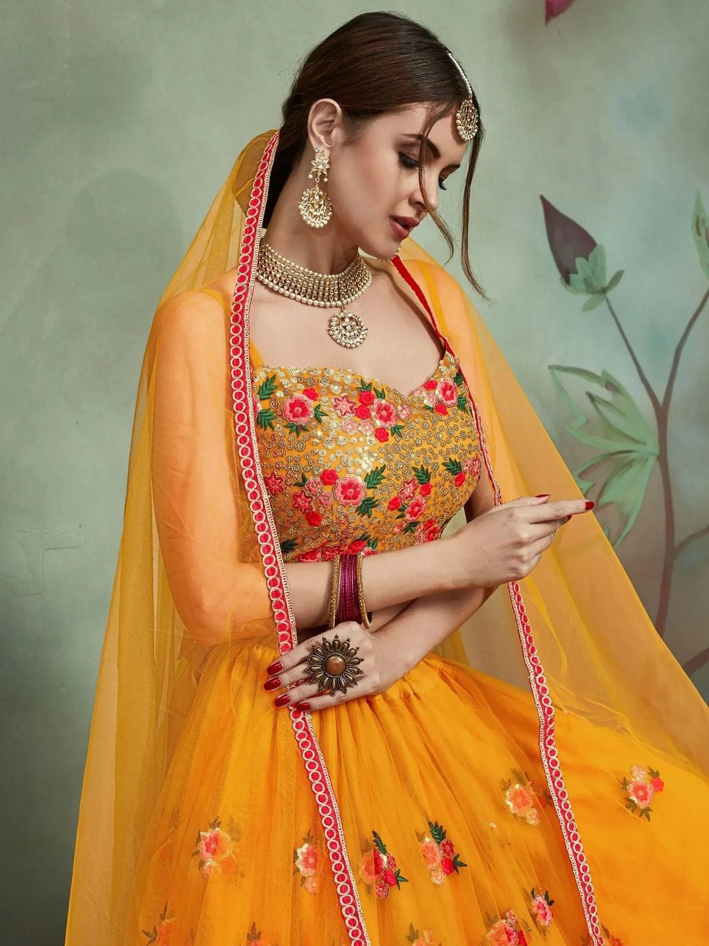 Mustard & Embroidered Semi-Stitched Myntra Lehenga & Unstitched Blouse with Dupatta