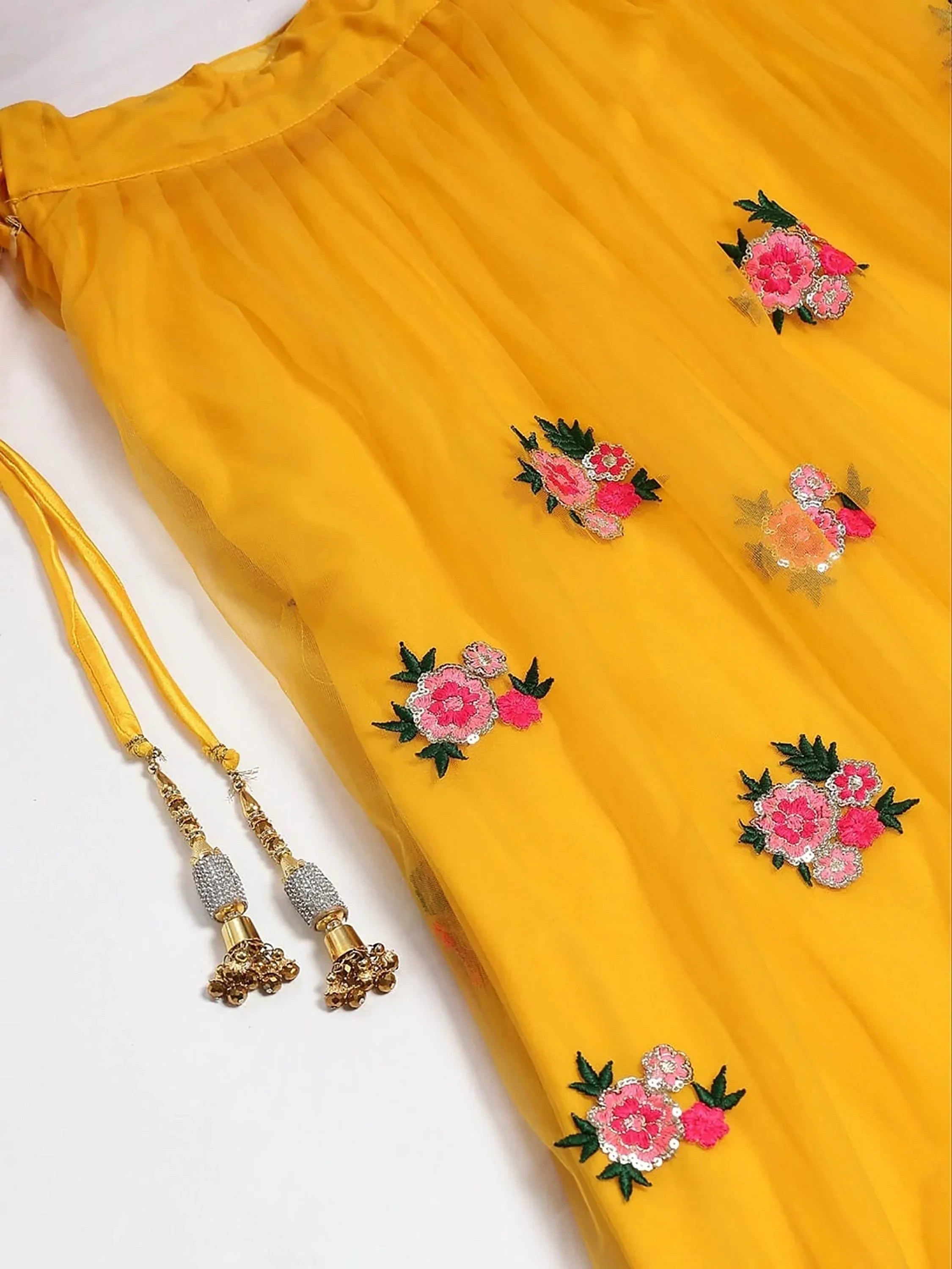 Mustard & Embroidered Semi-Stitched Myntra Lehenga & Unstitched Blouse with Dupatta