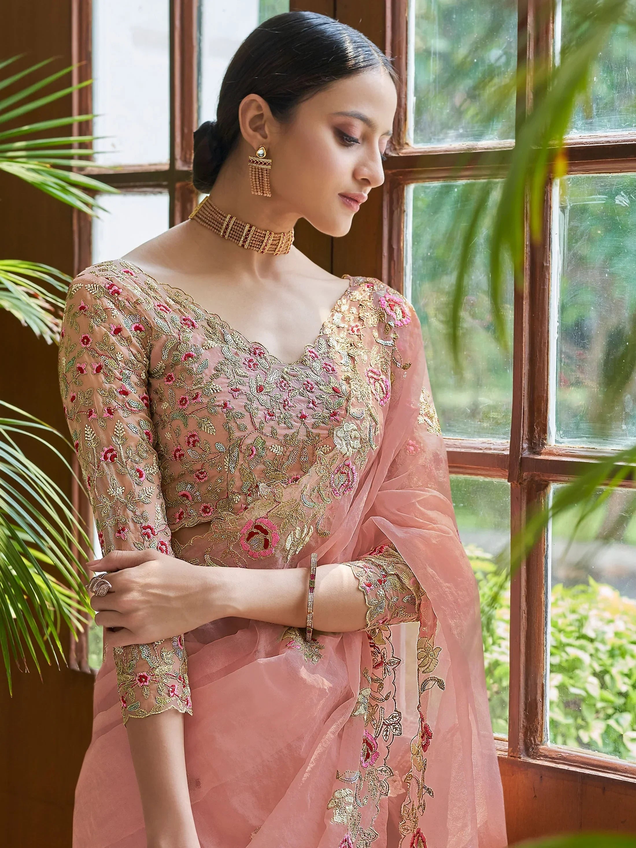 Enthralling Peach Sequins Organza Engagement Wear Saree With Blouse