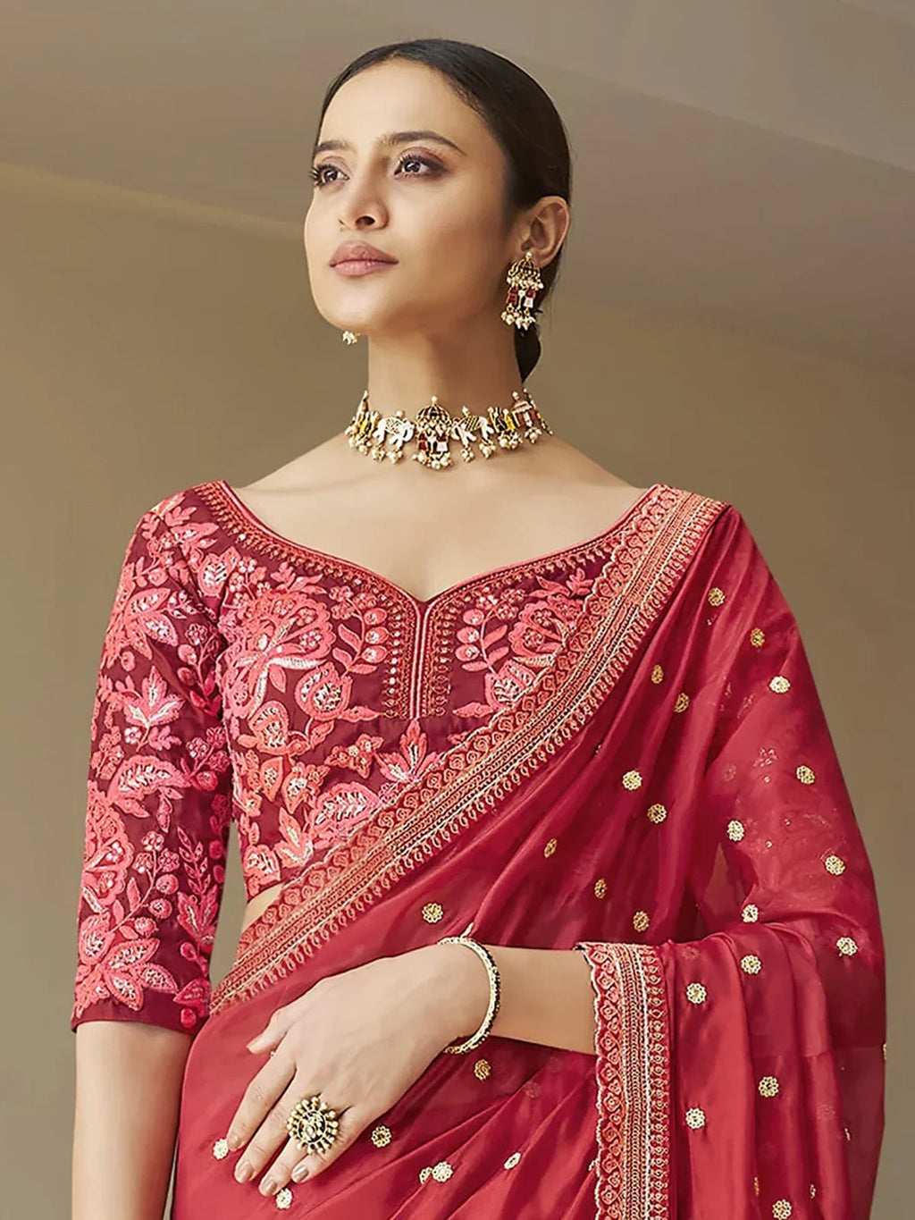 Precious Red Dori Work Organza Wedding Wear Saree With Blouse