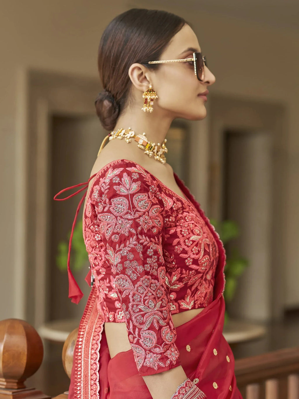 Precious Red Dori Work Organza Wedding Wear Saree With Blouse