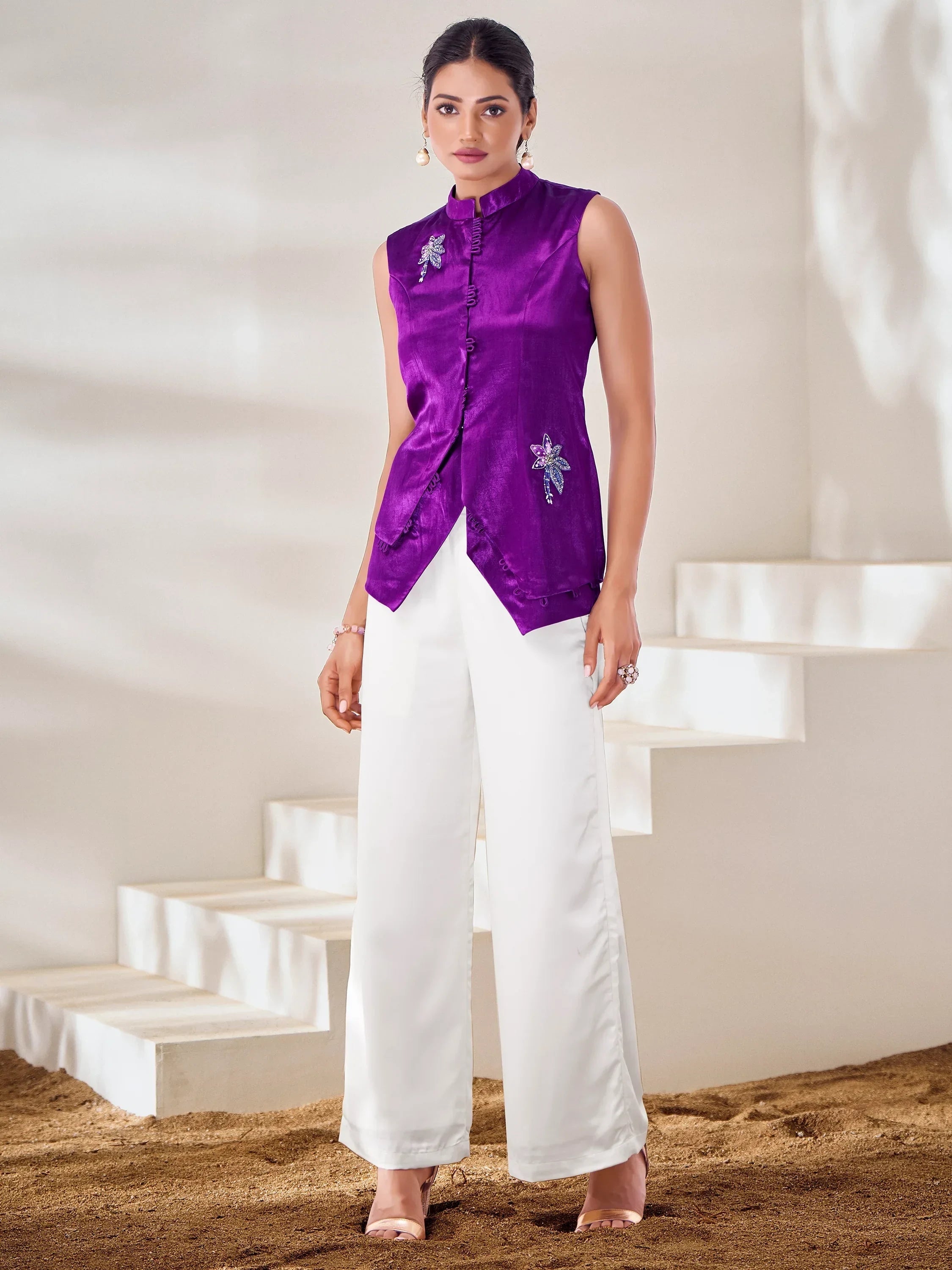 Captivating Purple Hand Work Silk Stylish Western Top
