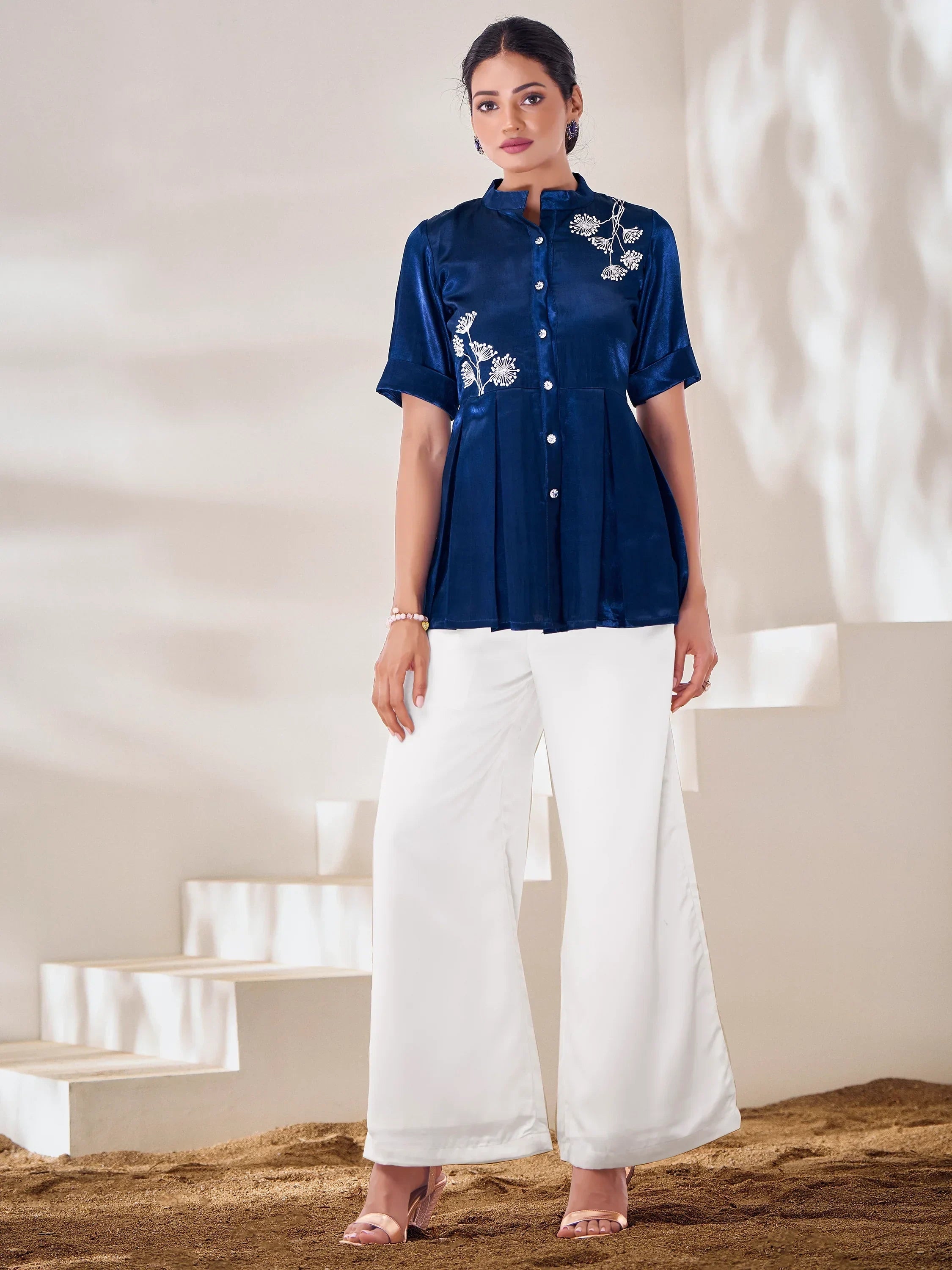 Gorgeous Navy Blue Hand Work Silk Festival Wear Top