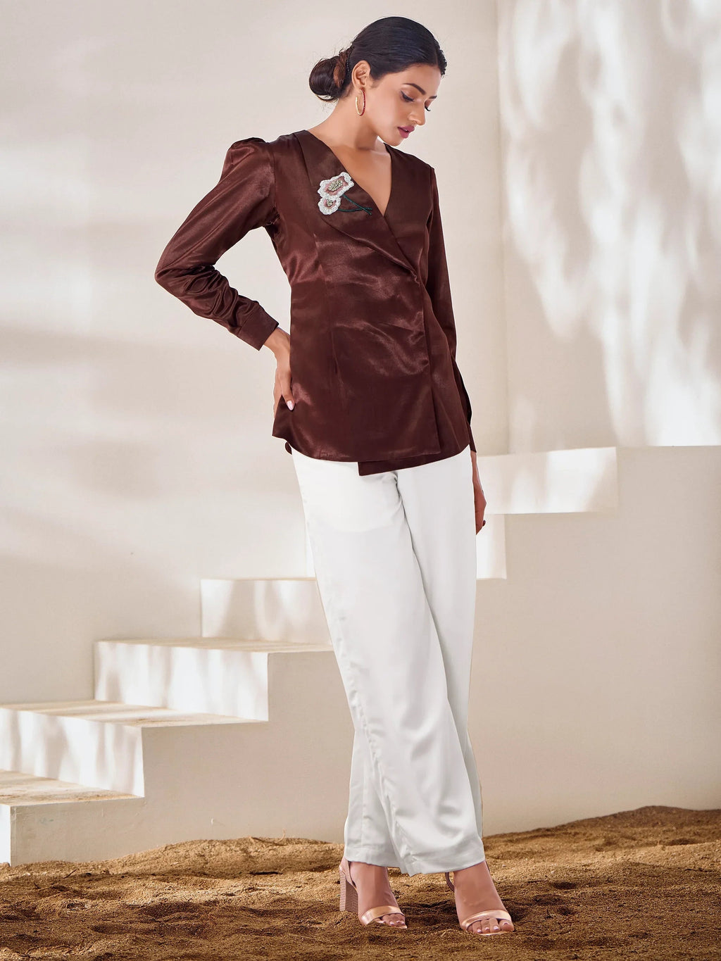 Mesmerizing Brown Hand Work Silk Party Wear Top
