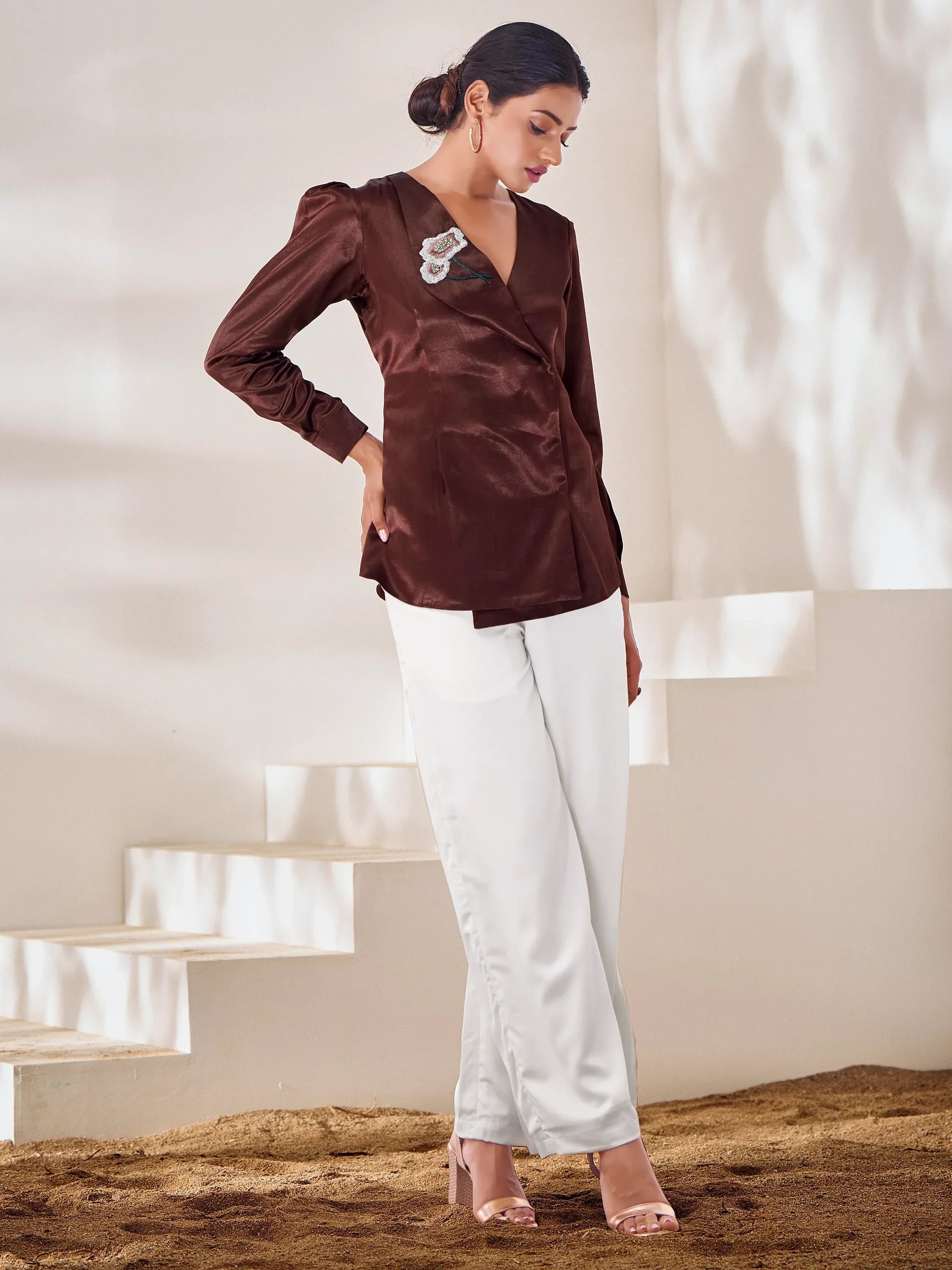Mesmerizing Brown Hand Work Silk Party Wear Top