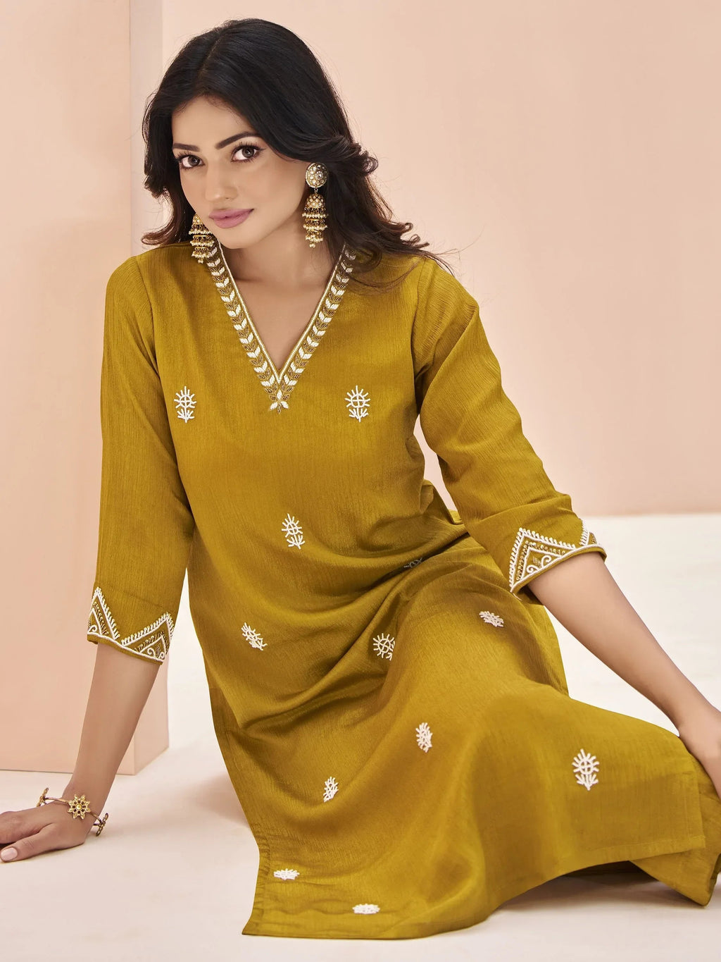 Attractive Mustard Yellow Embroidered Chinon Casual Wear Pant Suit