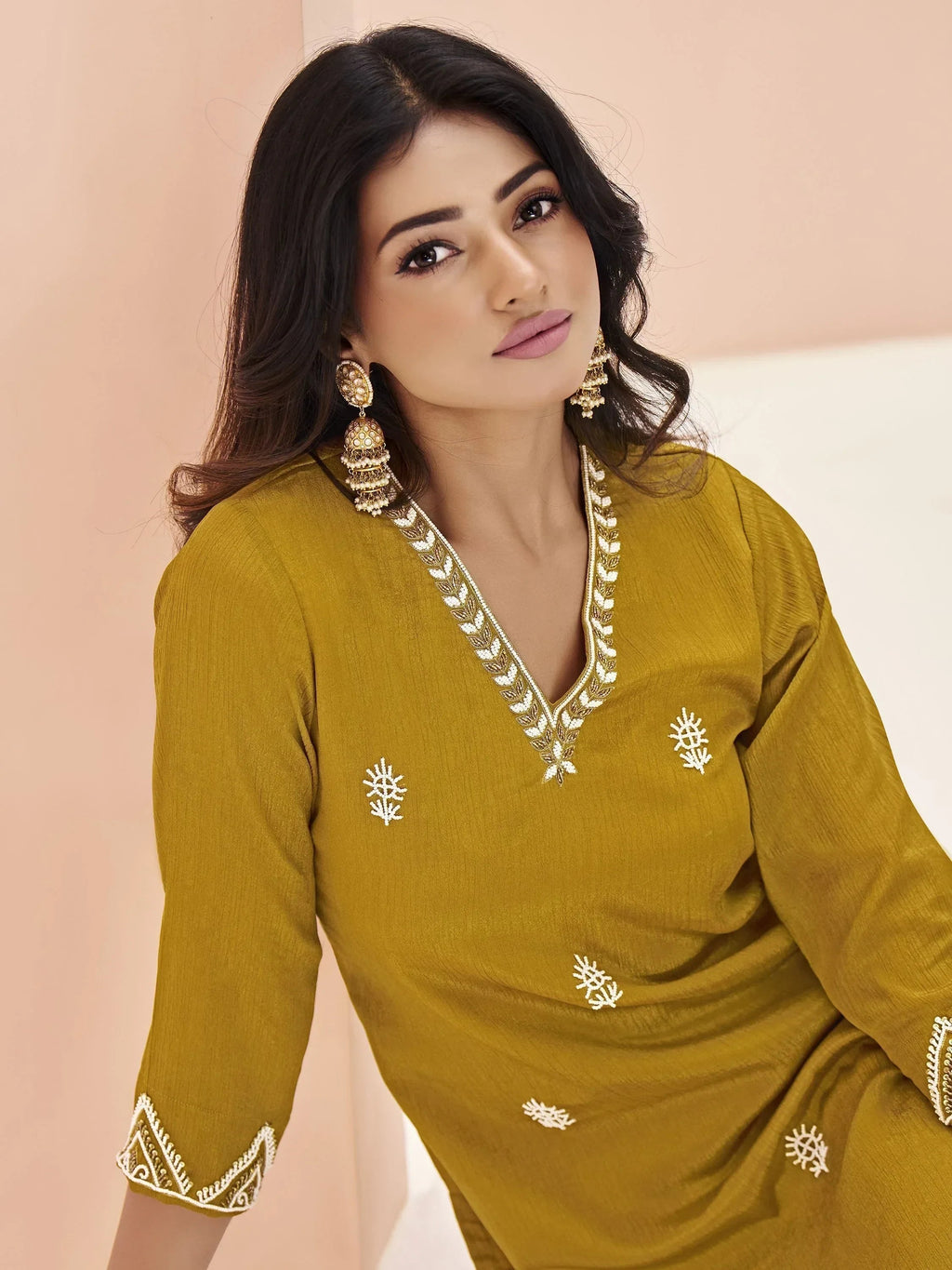 Attractive Mustard Yellow Embroidered Chinon Casual Wear Pant Suit