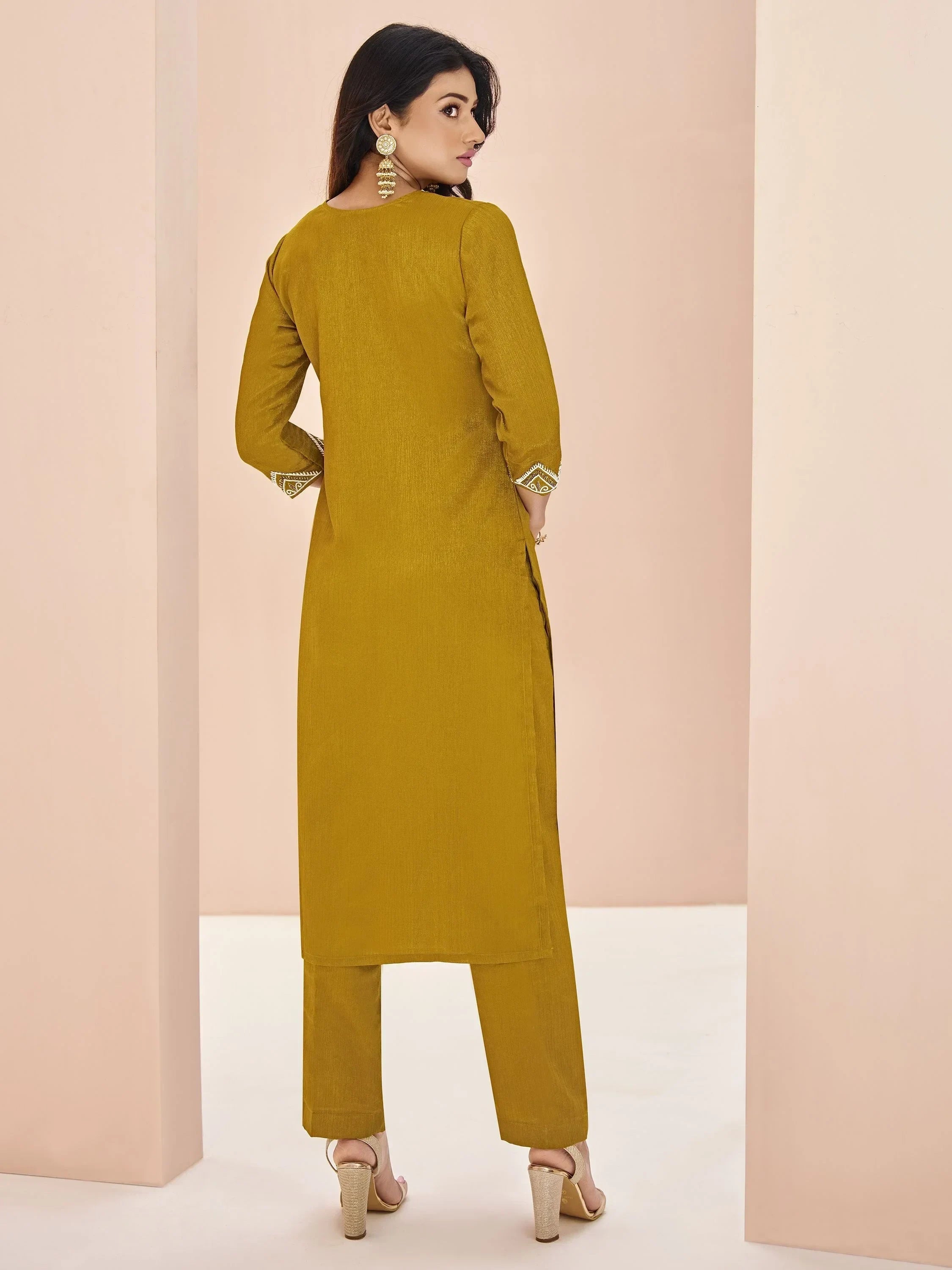 Attractive Mustard Yellow Embroidered Chinon Casual Wear Pant Suit