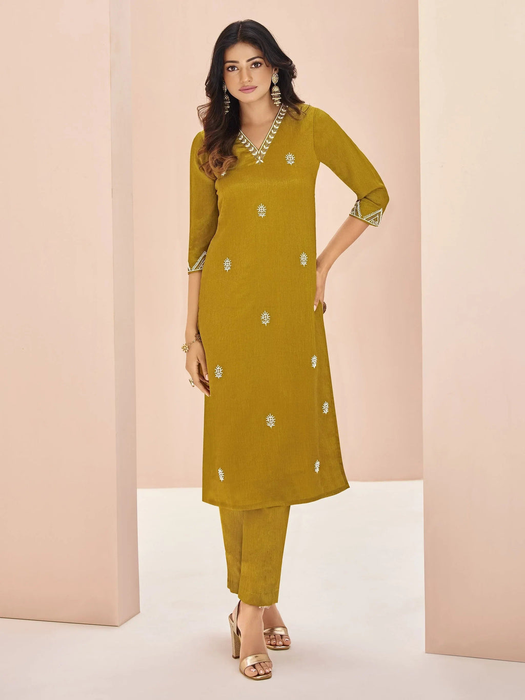Attractive Mustard Yellow Embroidered Chinon Casual Wear Pant Suit