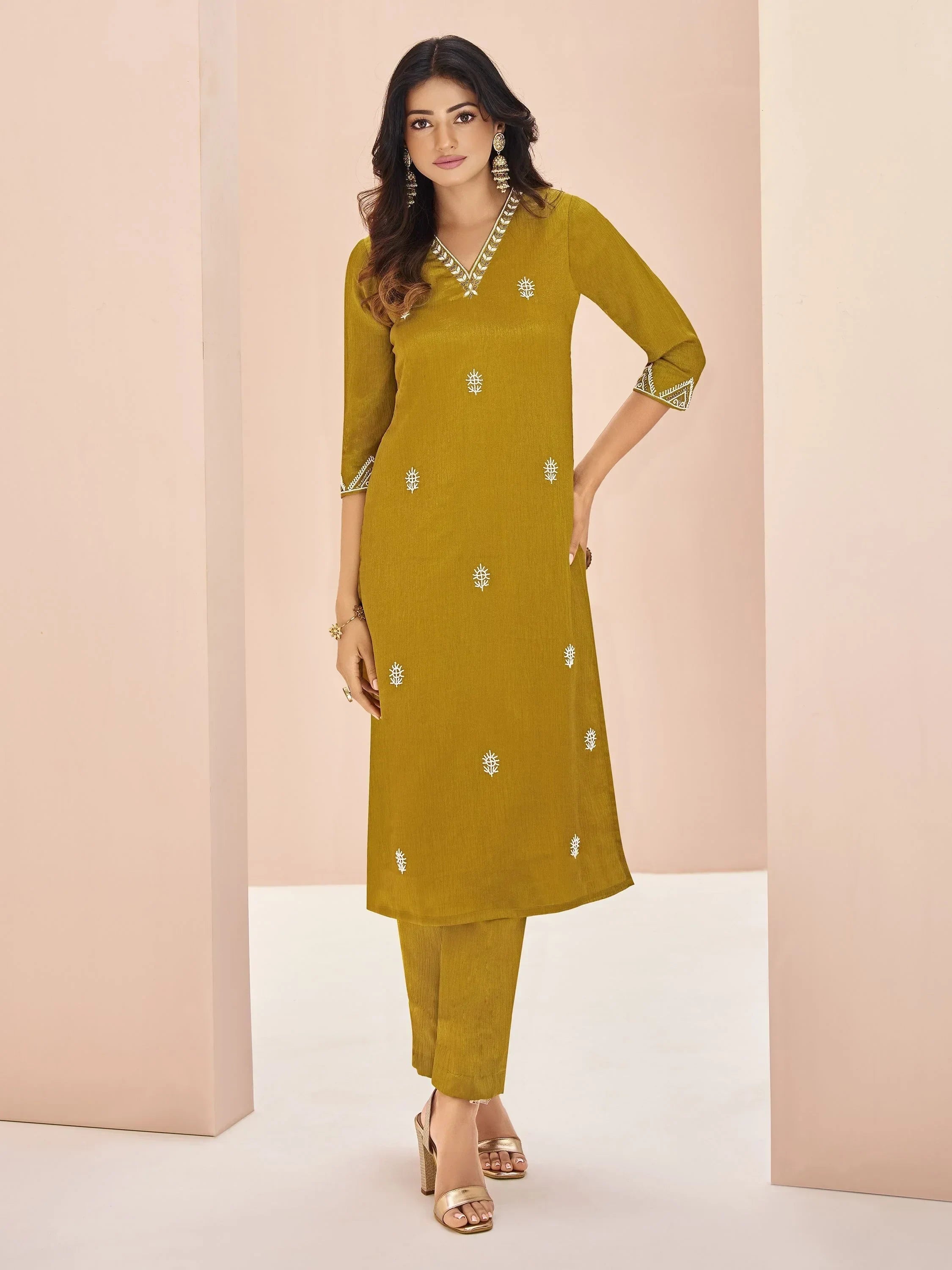 Attractive Mustard Yellow Embroidered Chinon Casual Wear Pant Suit