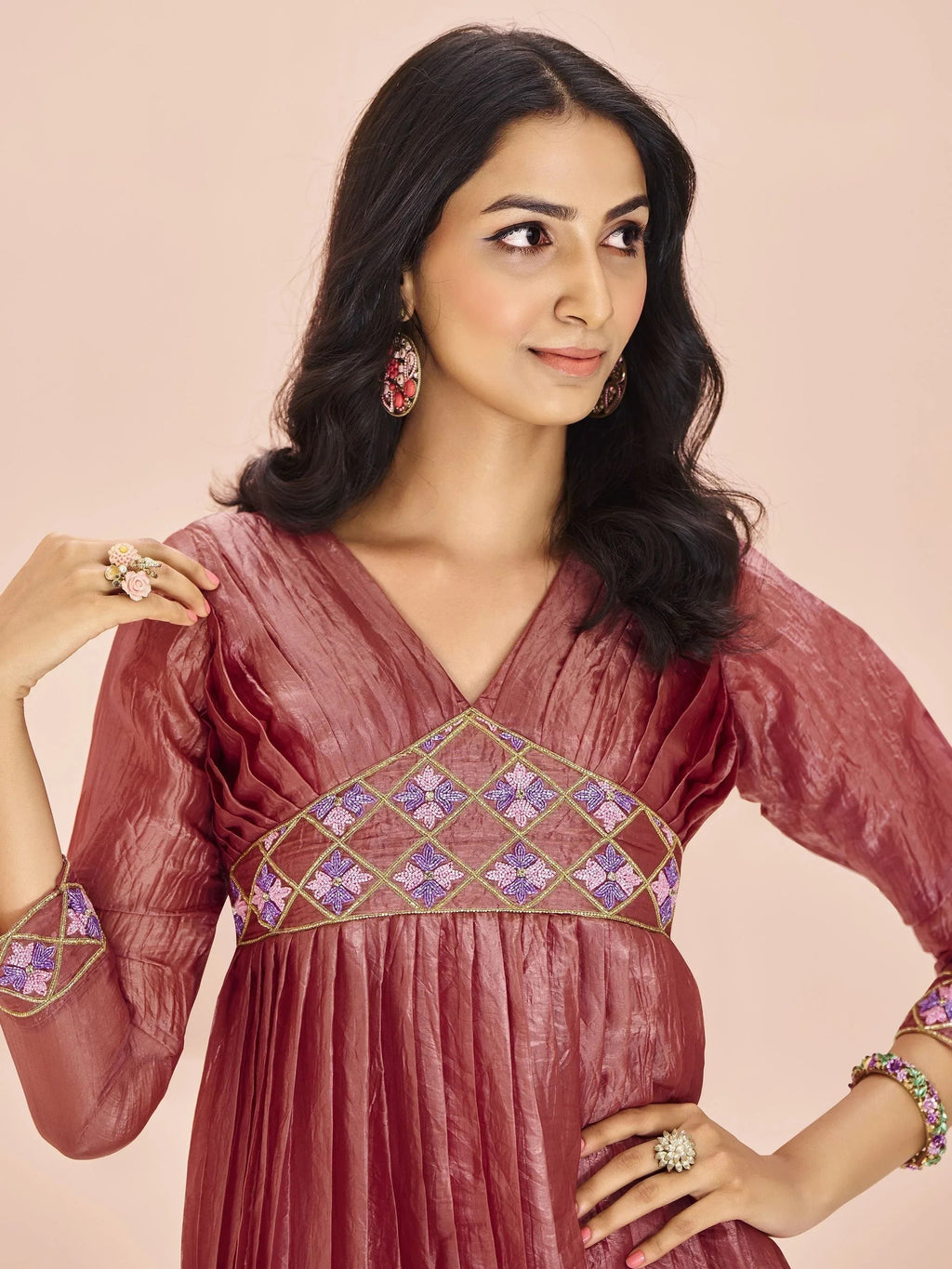Adorable Coral Red Embroidered Organza Event Wear Kurti