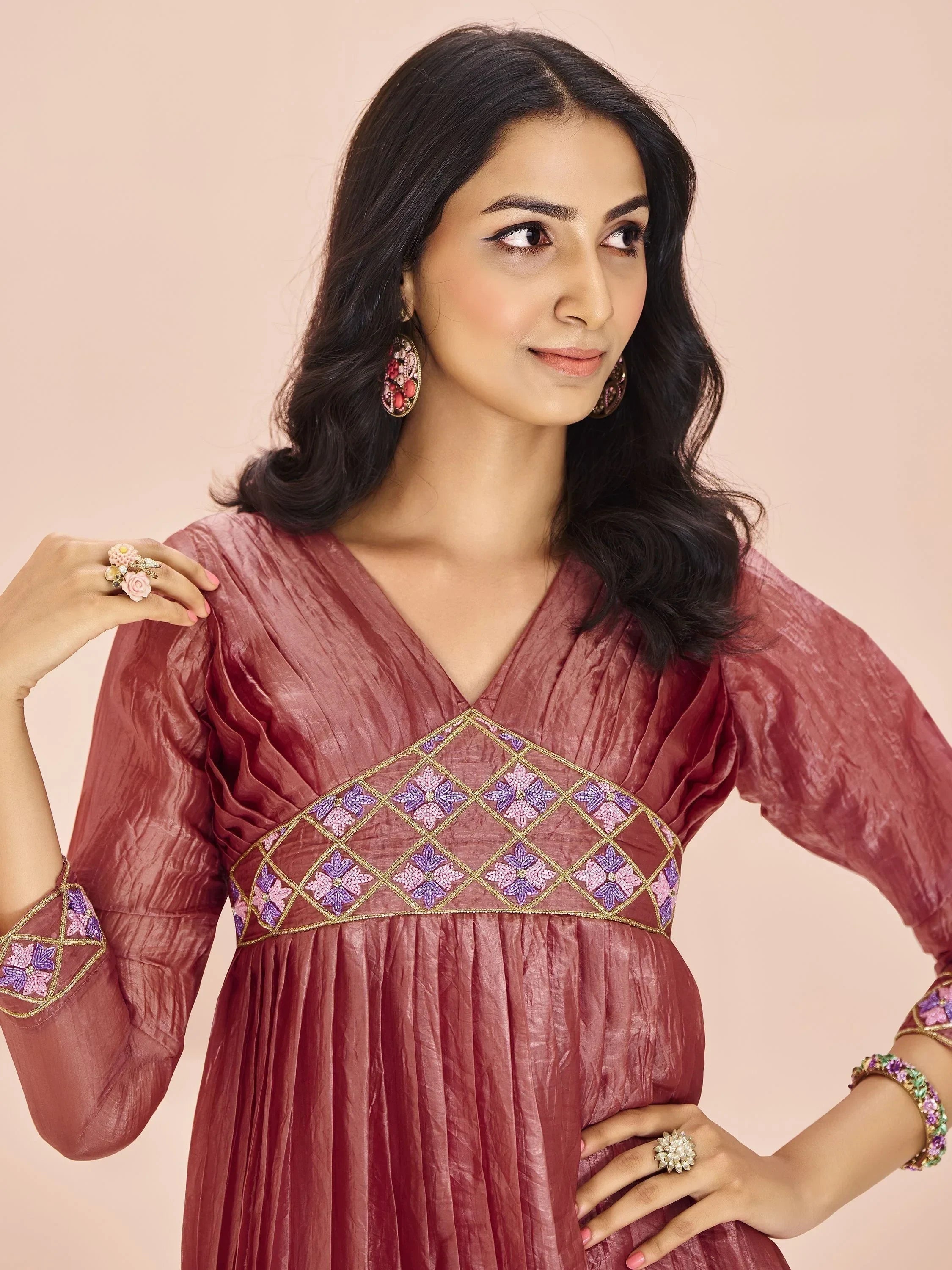 Adorable Coral Red Embroidered Organza Event Wear Kurti