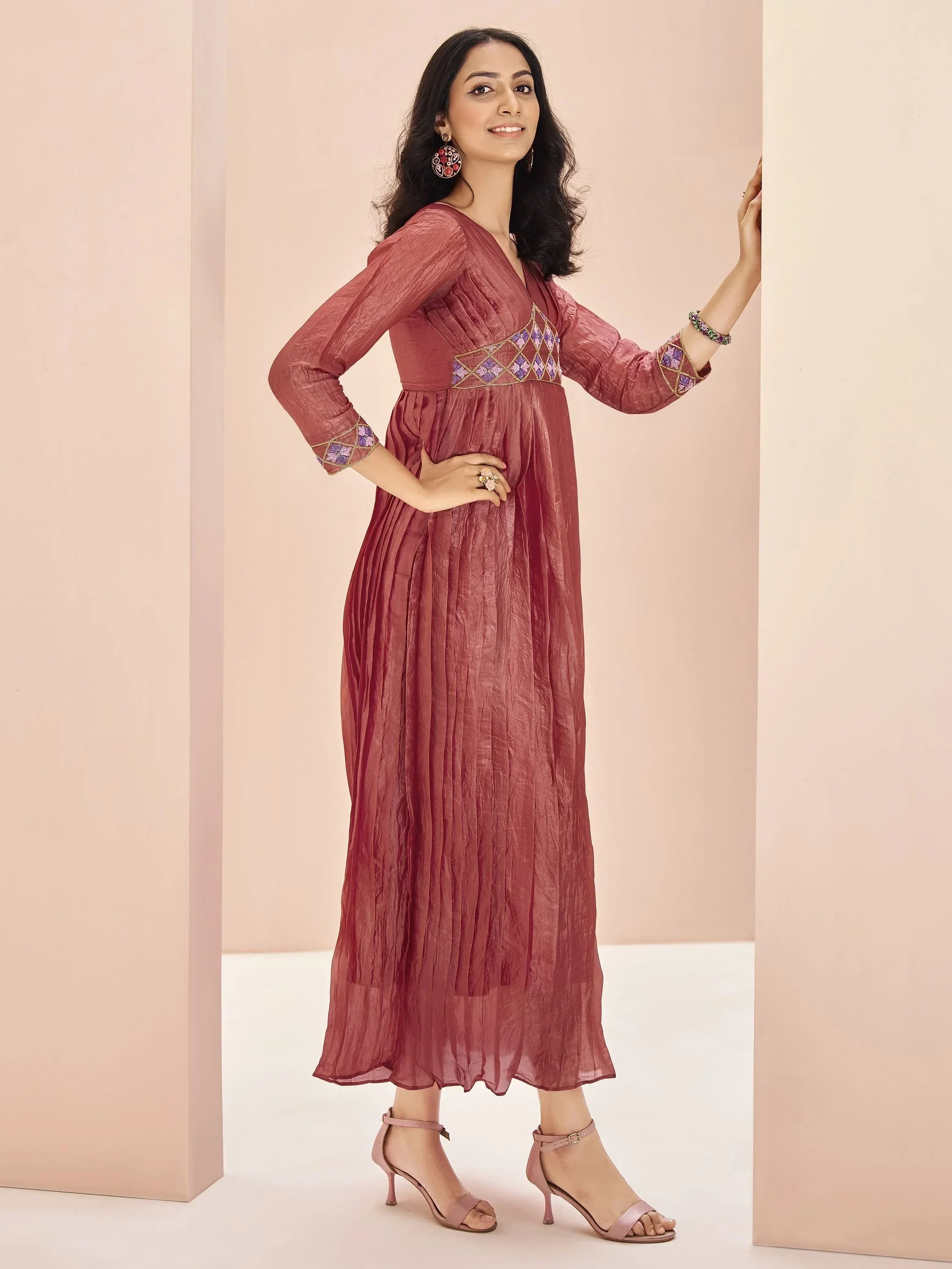 Adorable Coral Red Embroidered Organza Event Wear Kurti