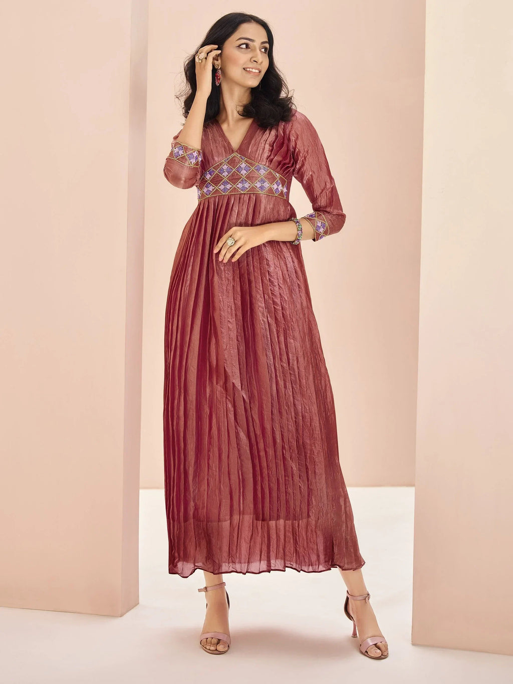Adorable Coral Red Embroidered Organza Event Wear Kurti