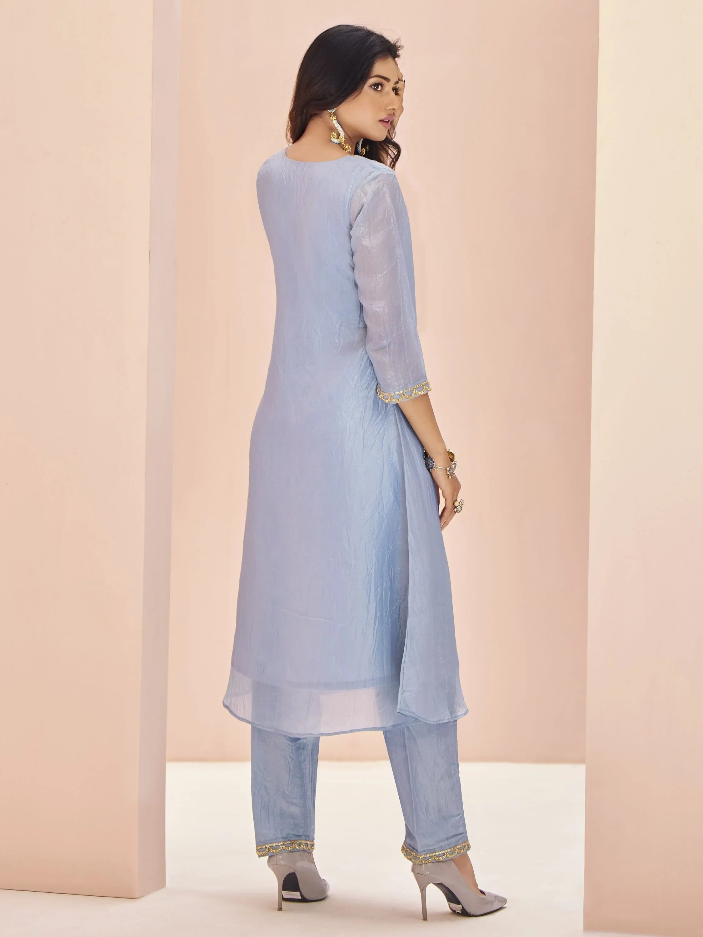 Charming Dusty Blue Embroidered Organza Festival Wear Pant Suit