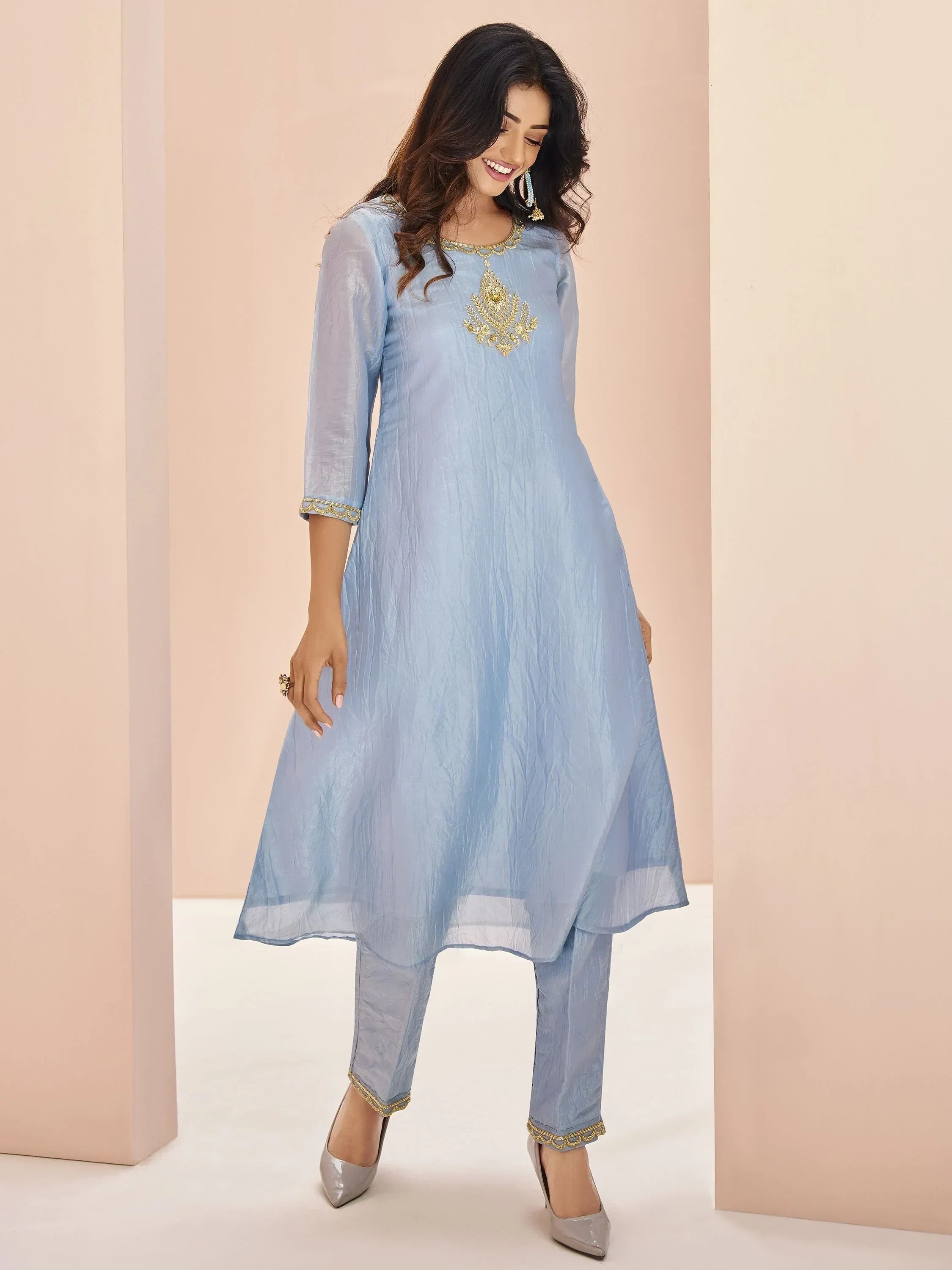 Charming Dusty Blue Embroidered Organza Festival Wear Pant Suit