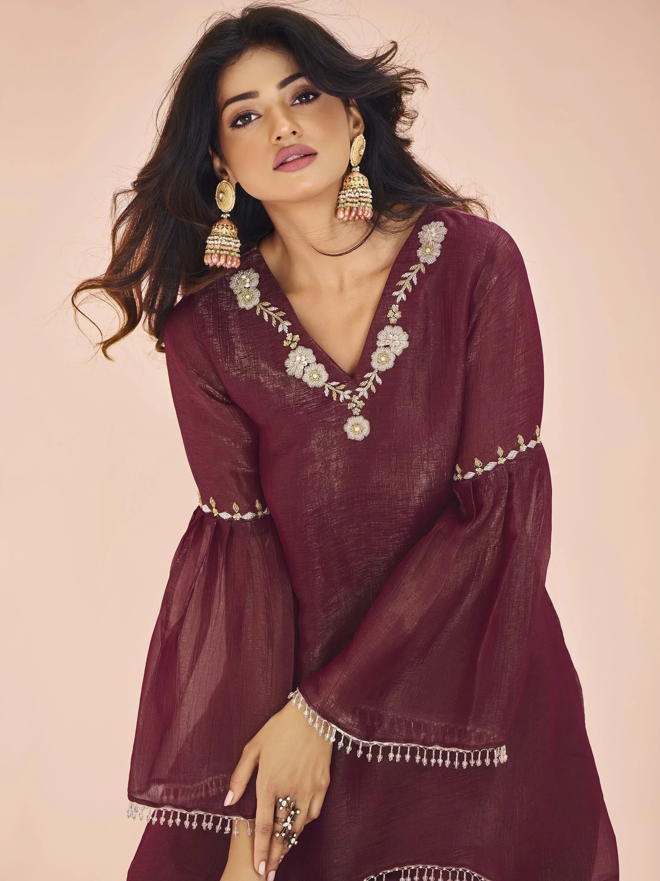 Gorgeous Maroon Embroidered Organza Designer Pant Suit