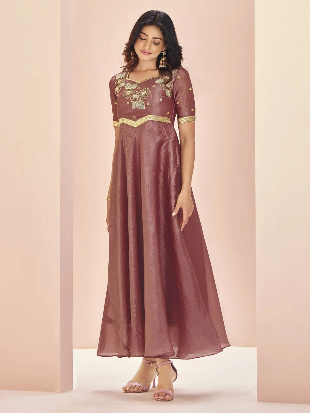Glamorous Coral Red Embroidered Organza Festival Wear Dress
