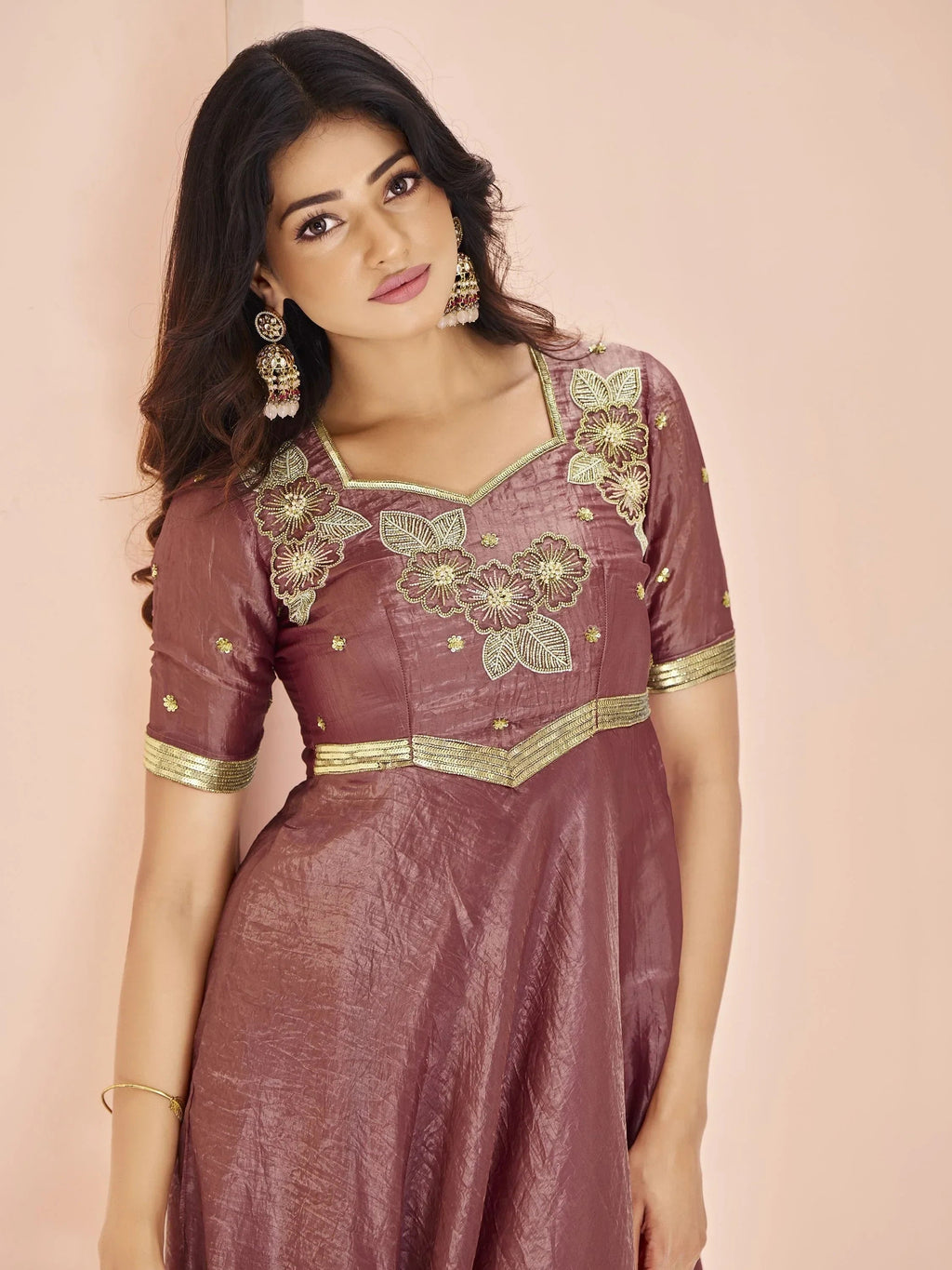 Glamorous Coral Red Embroidered Organza Festival Wear Dress