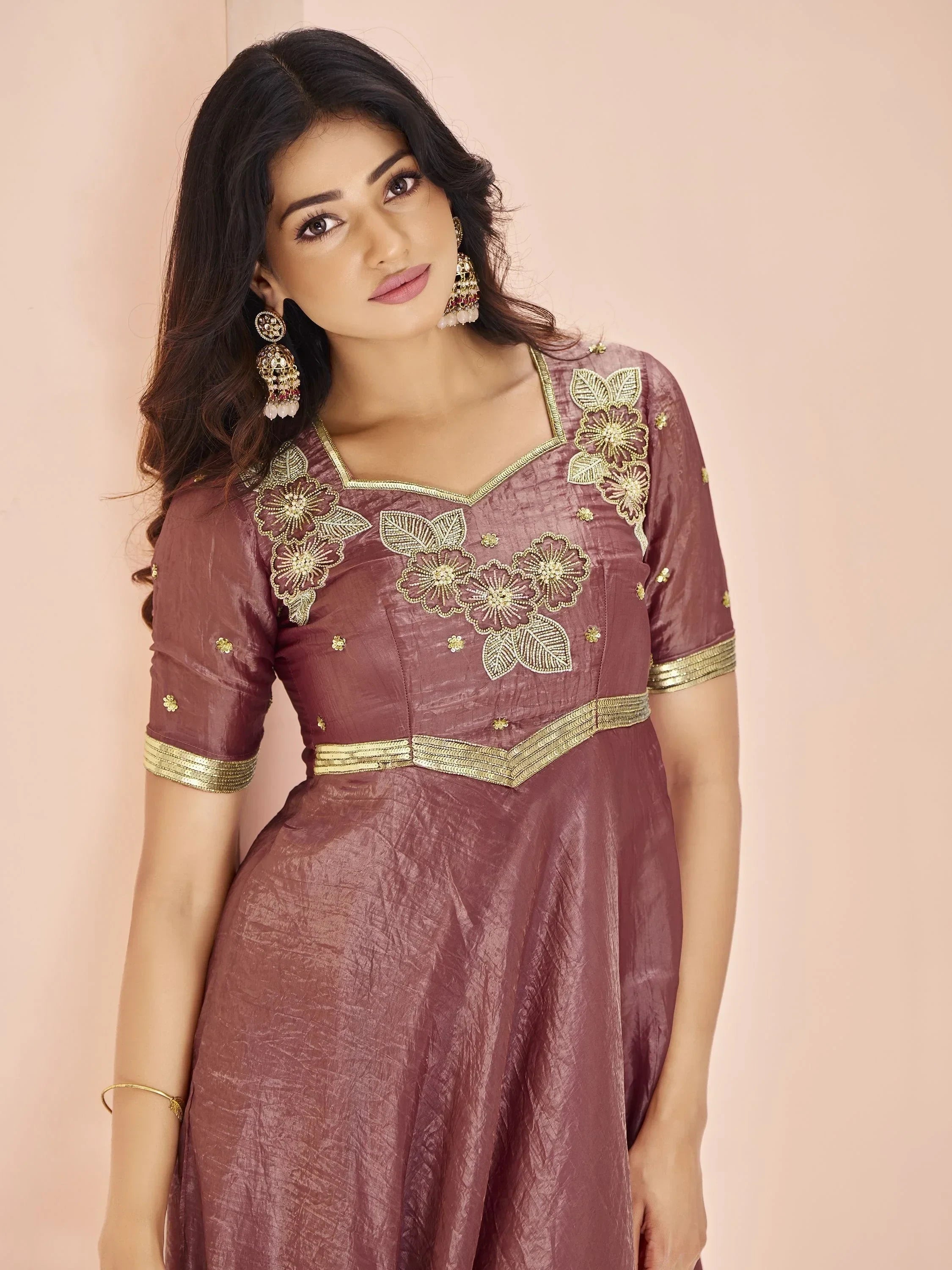 Glamorous Coral Red Embroidered Organza Festival Wear Dress