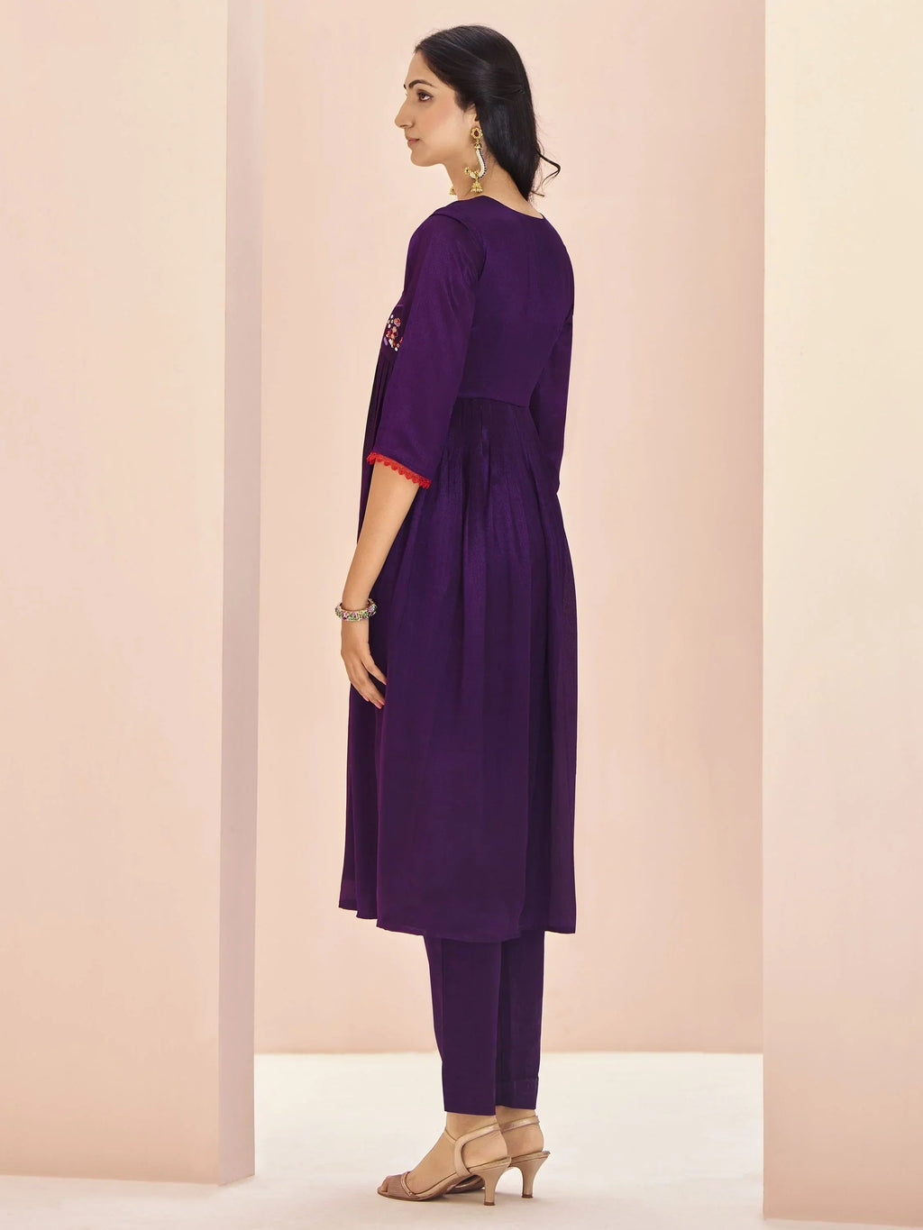 Magnetic Wine Embroidered Chinon Traditional Pant Suit