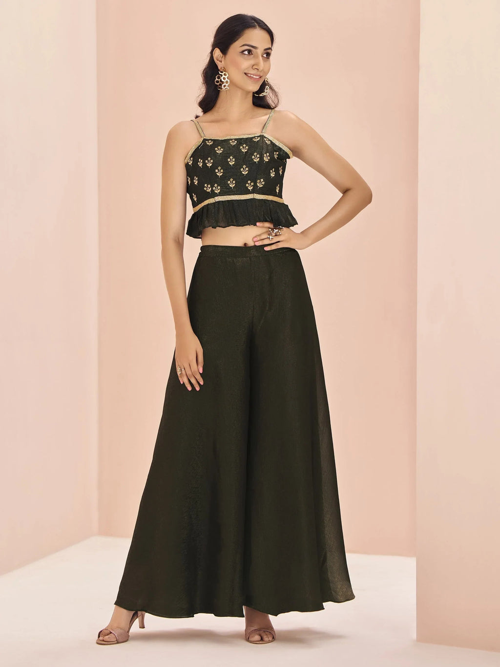 Stunning Black Embroidered Art Silk Designer Crop Top With Palazzo