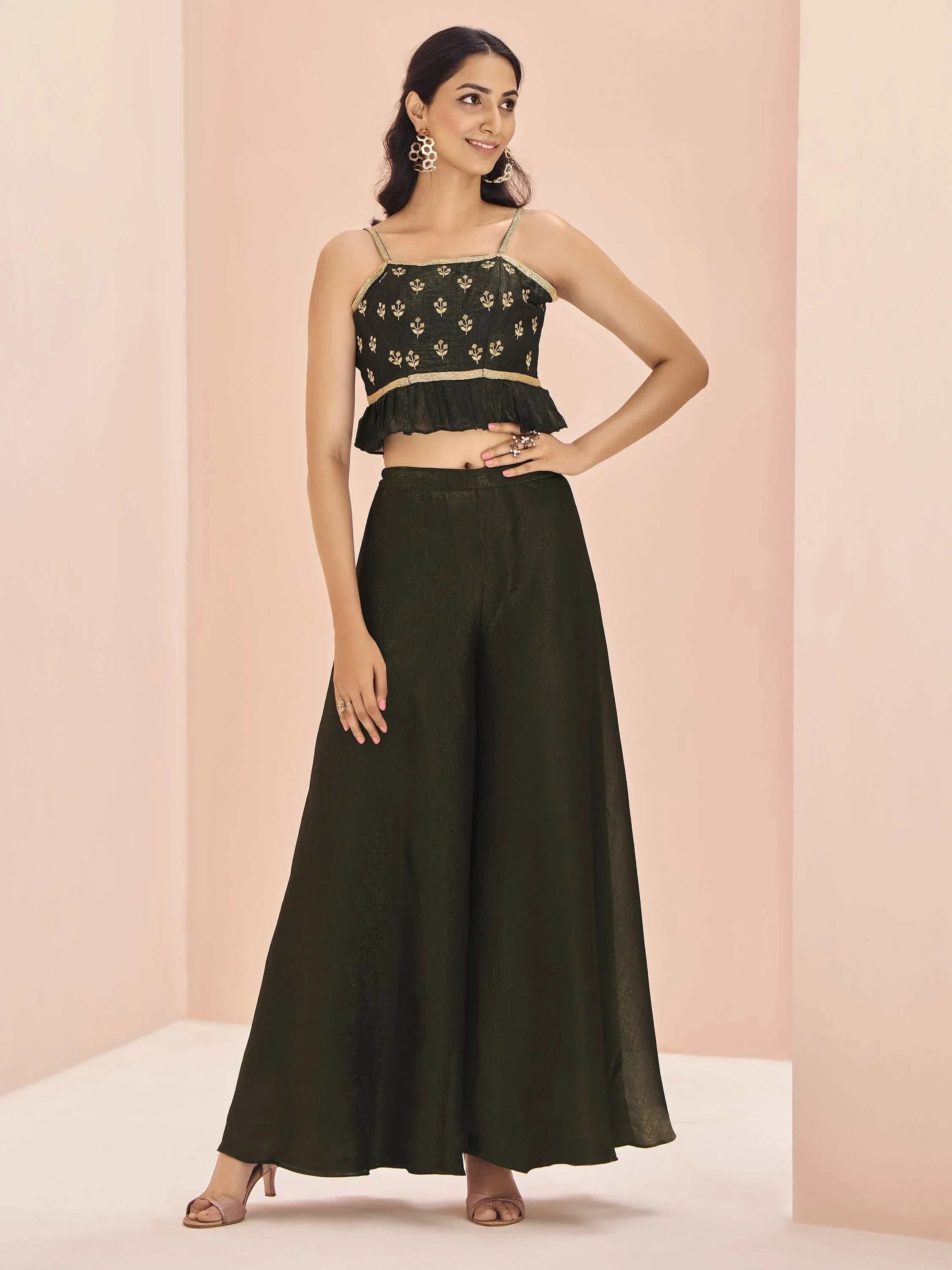 Stunning Black Embroidered Art Silk Designer Crop Top With Palazzo