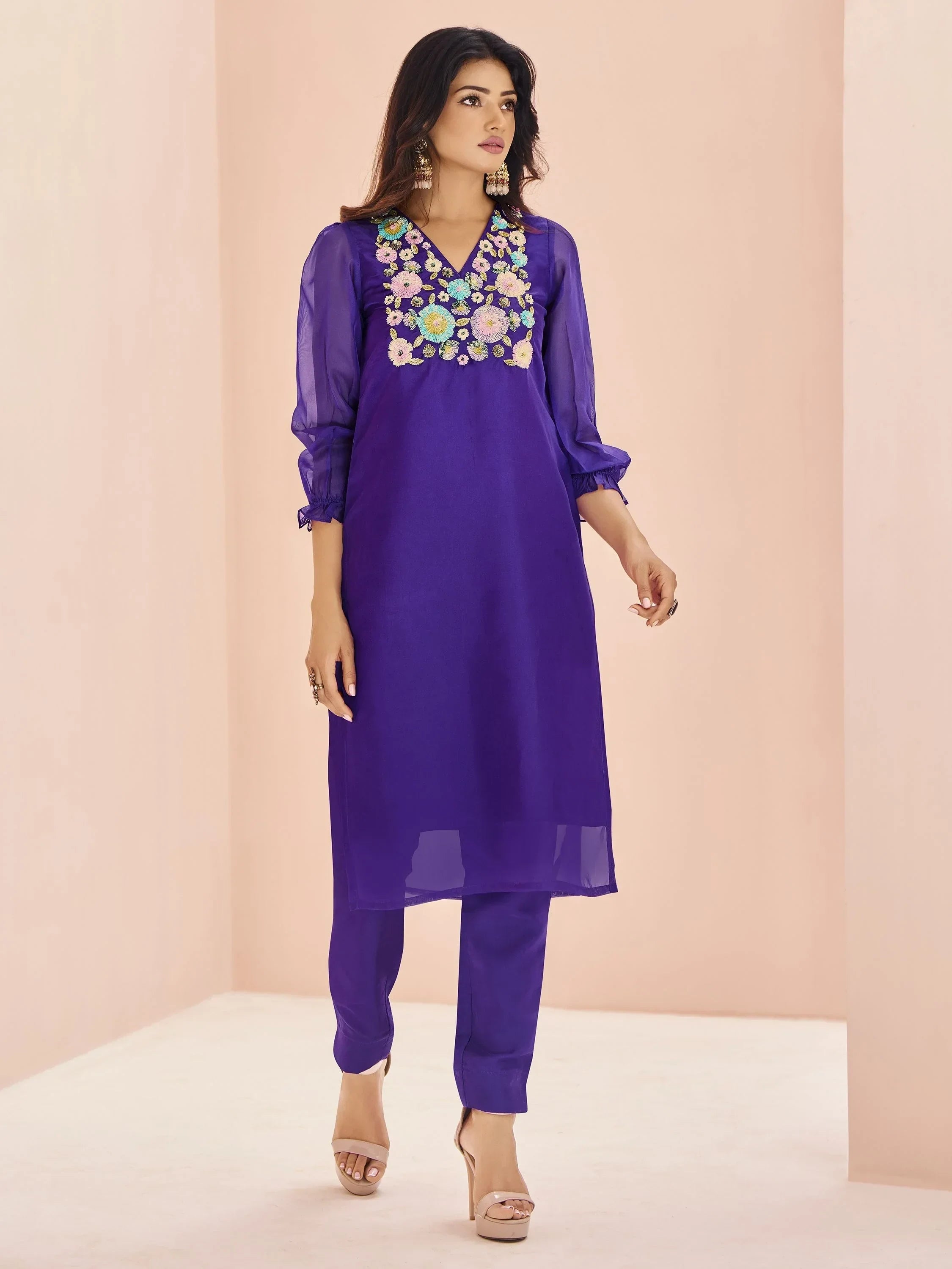 Wonderful Purple Sequins Organza Readymade Pant Suit