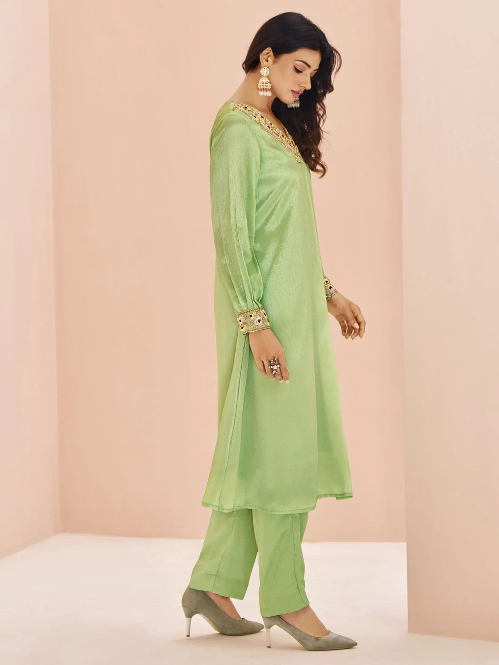 Awesome Pista Green Embroidered Chinon Designer Pant Suit