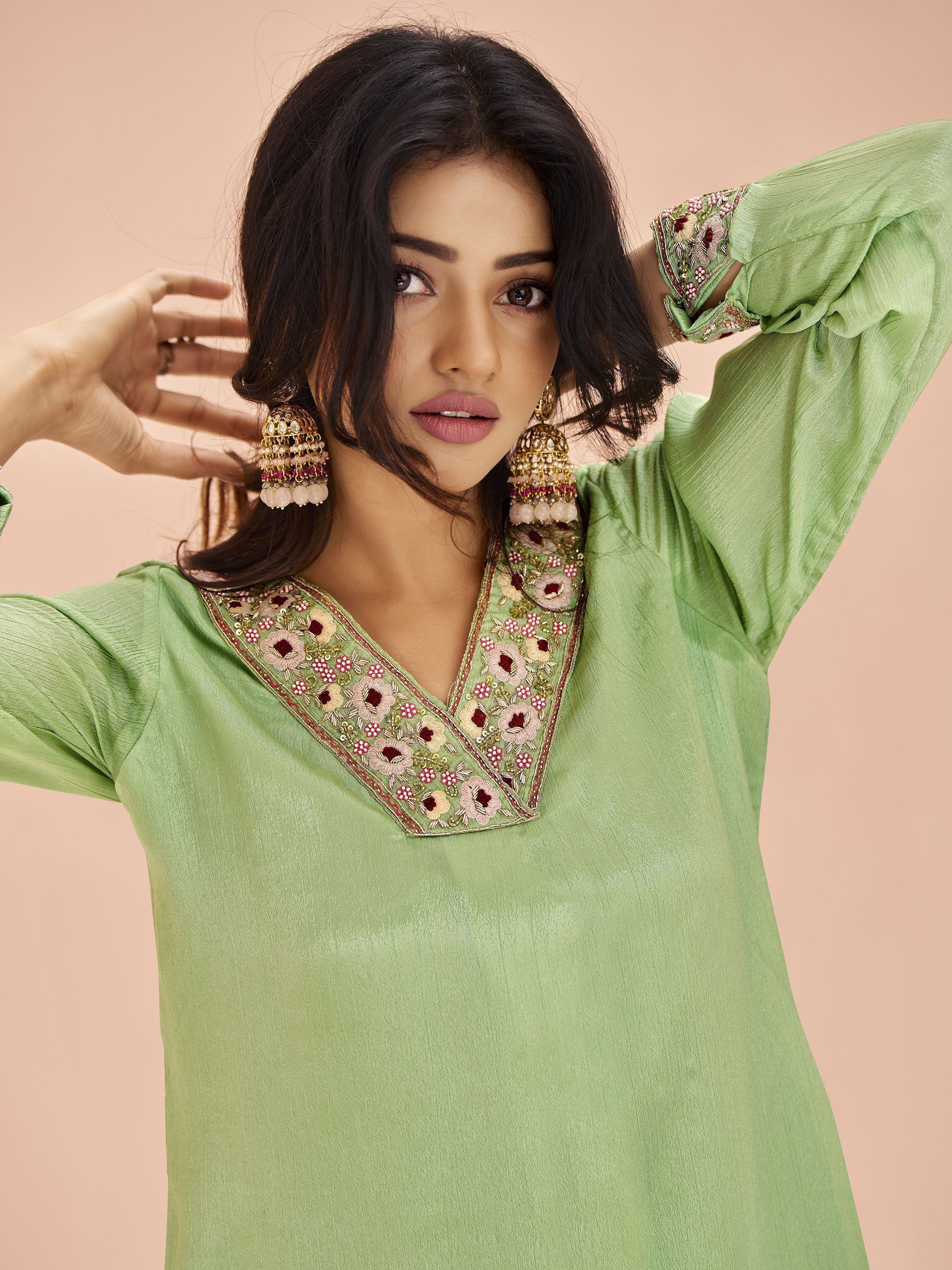 Awesome Pista Green Embroidered Chinon Designer Pant Suit