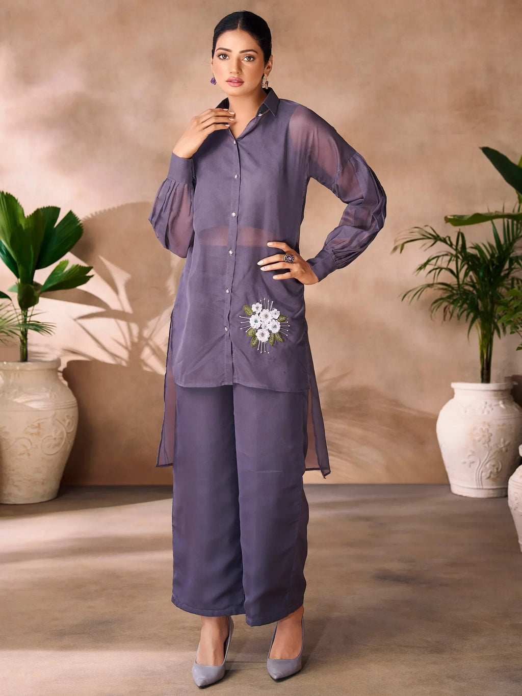 Charming Dark Grey Hand Work Organza Western Wear Co-Ord Set