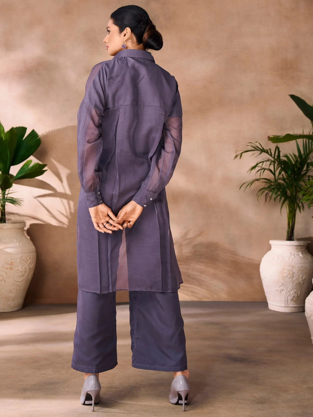 Charming Dark Grey Hand Work Organza Western Wear Co-Ord Set