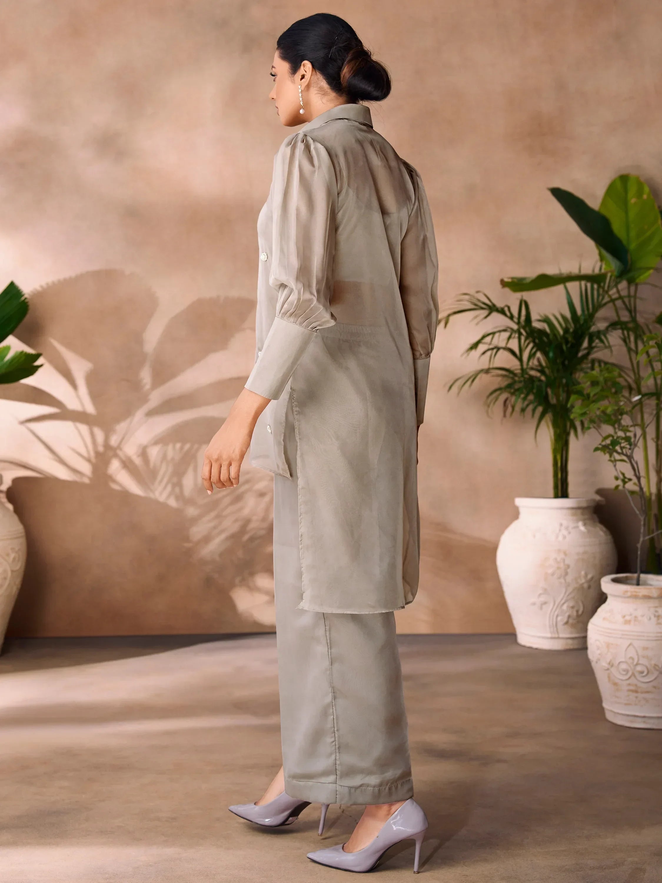 Adorable Grey Hand Work Organza Party Wear Co-Ord Set
