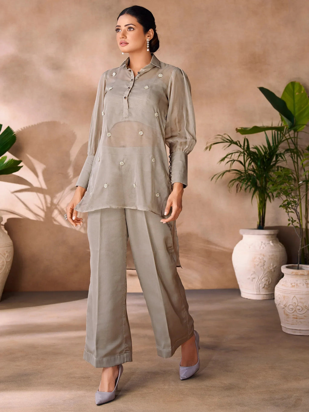 Adorable Grey Hand Work Organza Party Wear Co-Ord Set